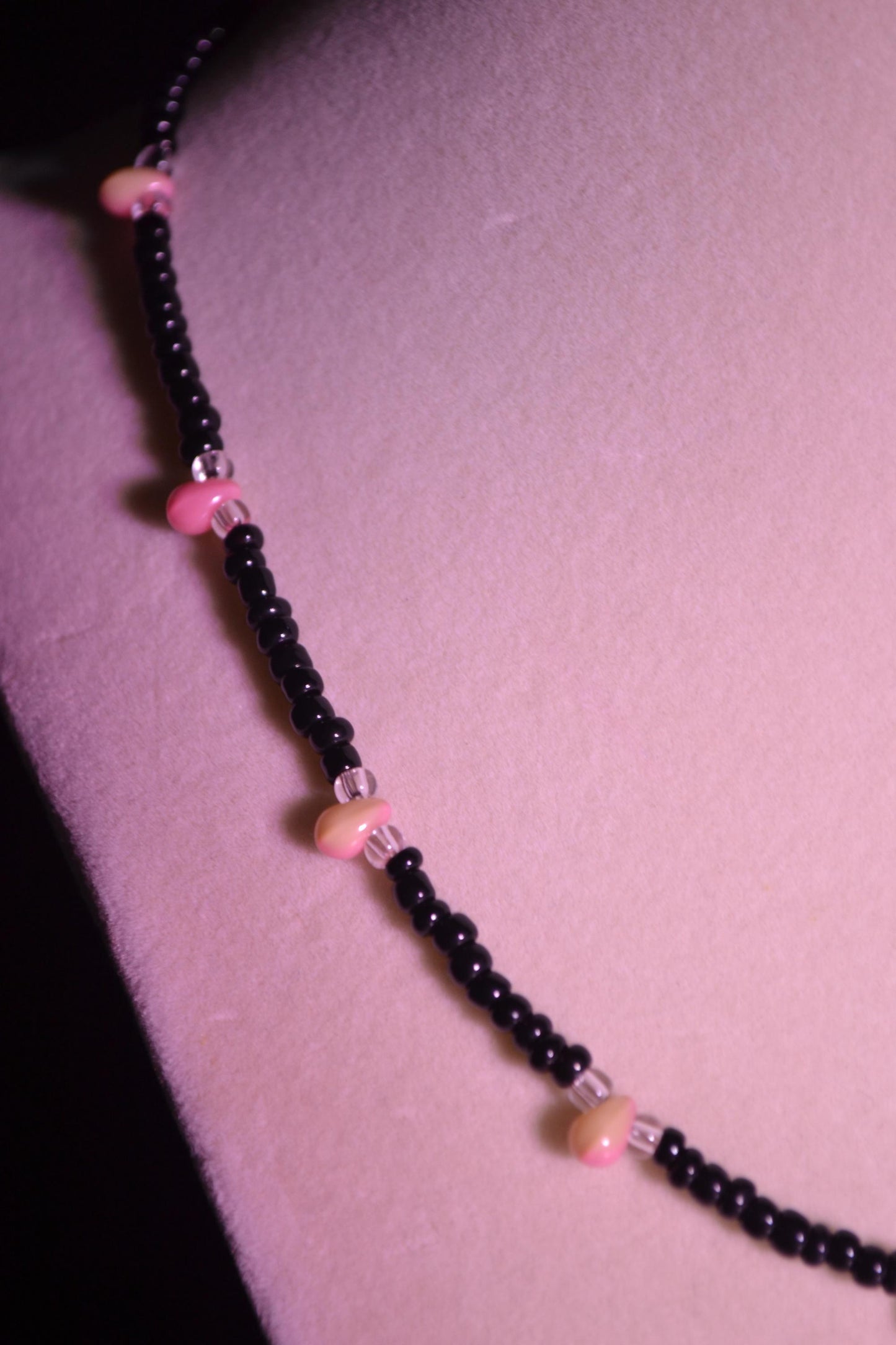 Multicolor glass bead necklace. Black, pink, and yellow