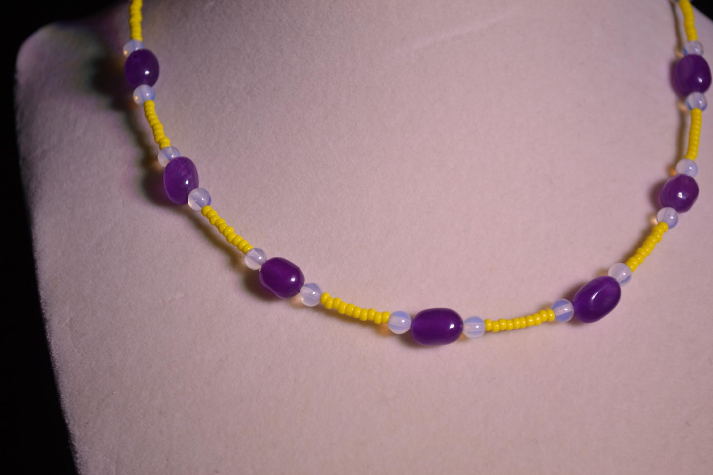 Multicolor glass bead necklace. Purple, yellow, and moonstone