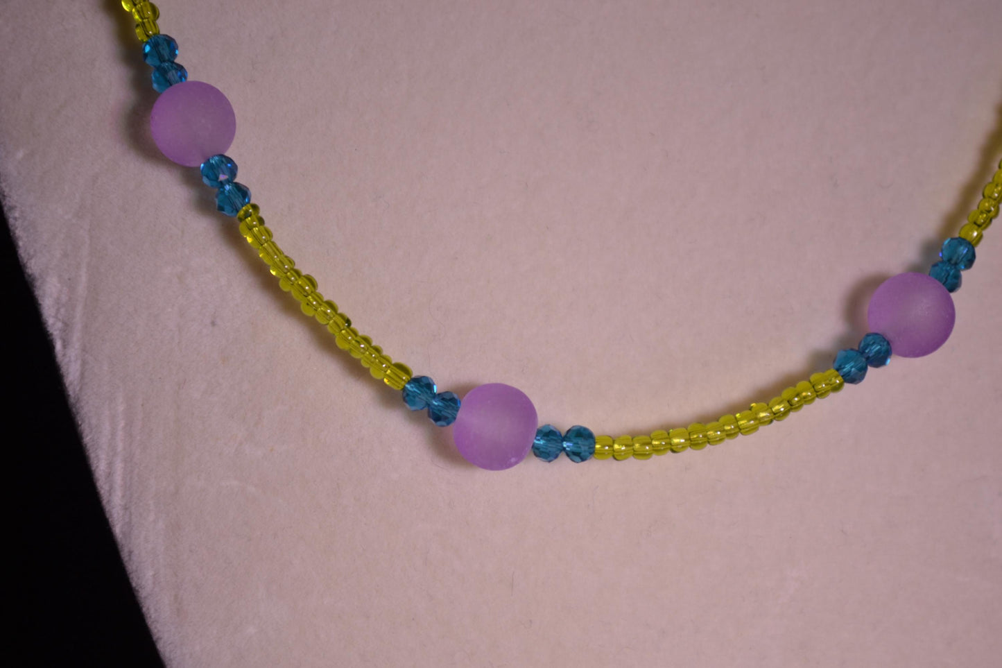 Multicolor glass bead necklace. Purple, green, and blue