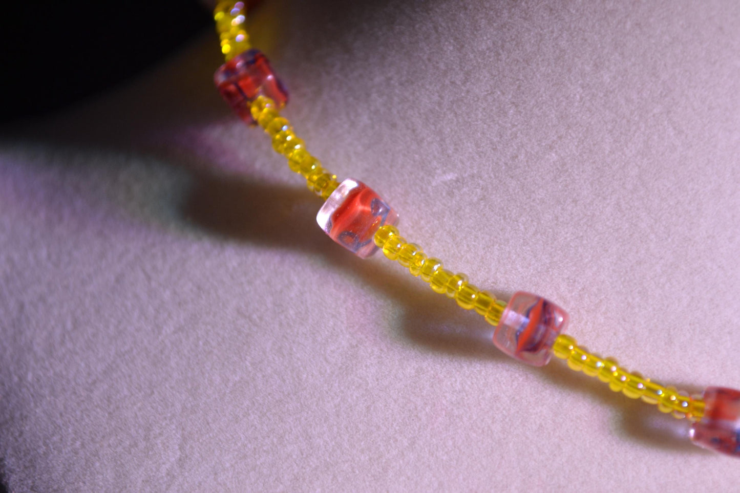 Multicolor glass bead anklet. Yellow and red