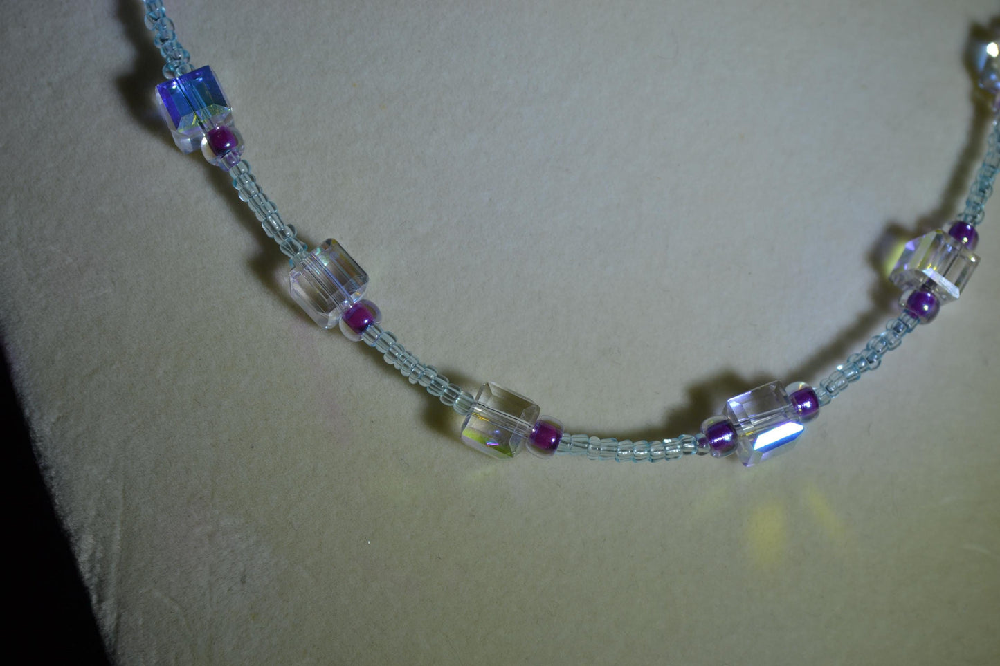 Crystal, purple, and blue beaded necklace