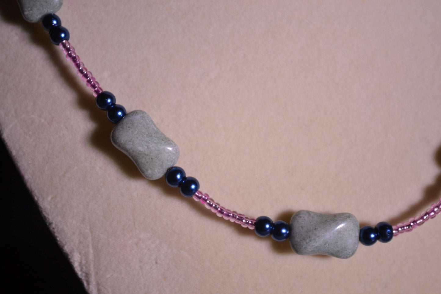 Multicolor glass bead necklace. Stone, pink, and black