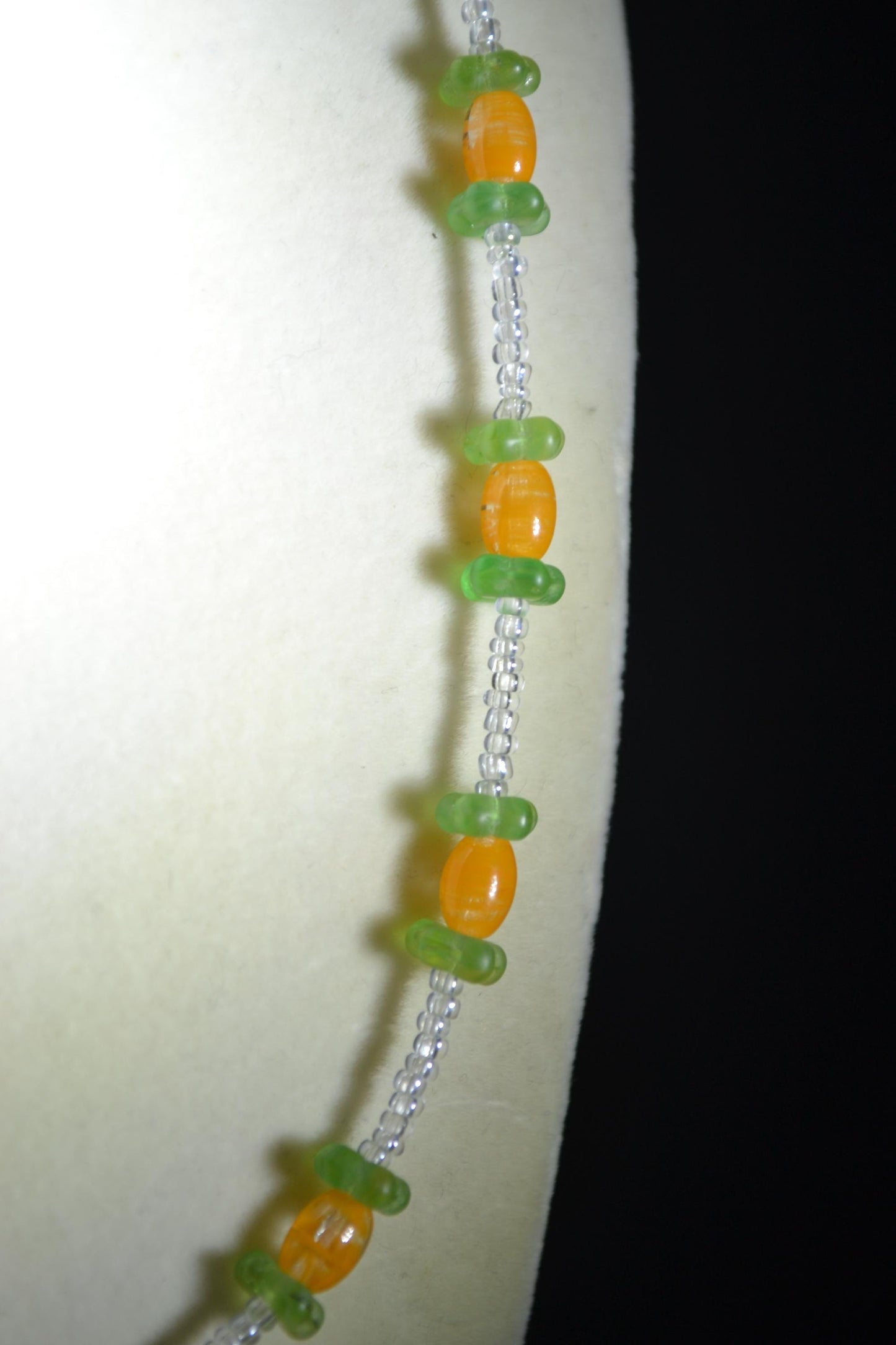 Multicolor glass bead necklace. Tangerine and jade
