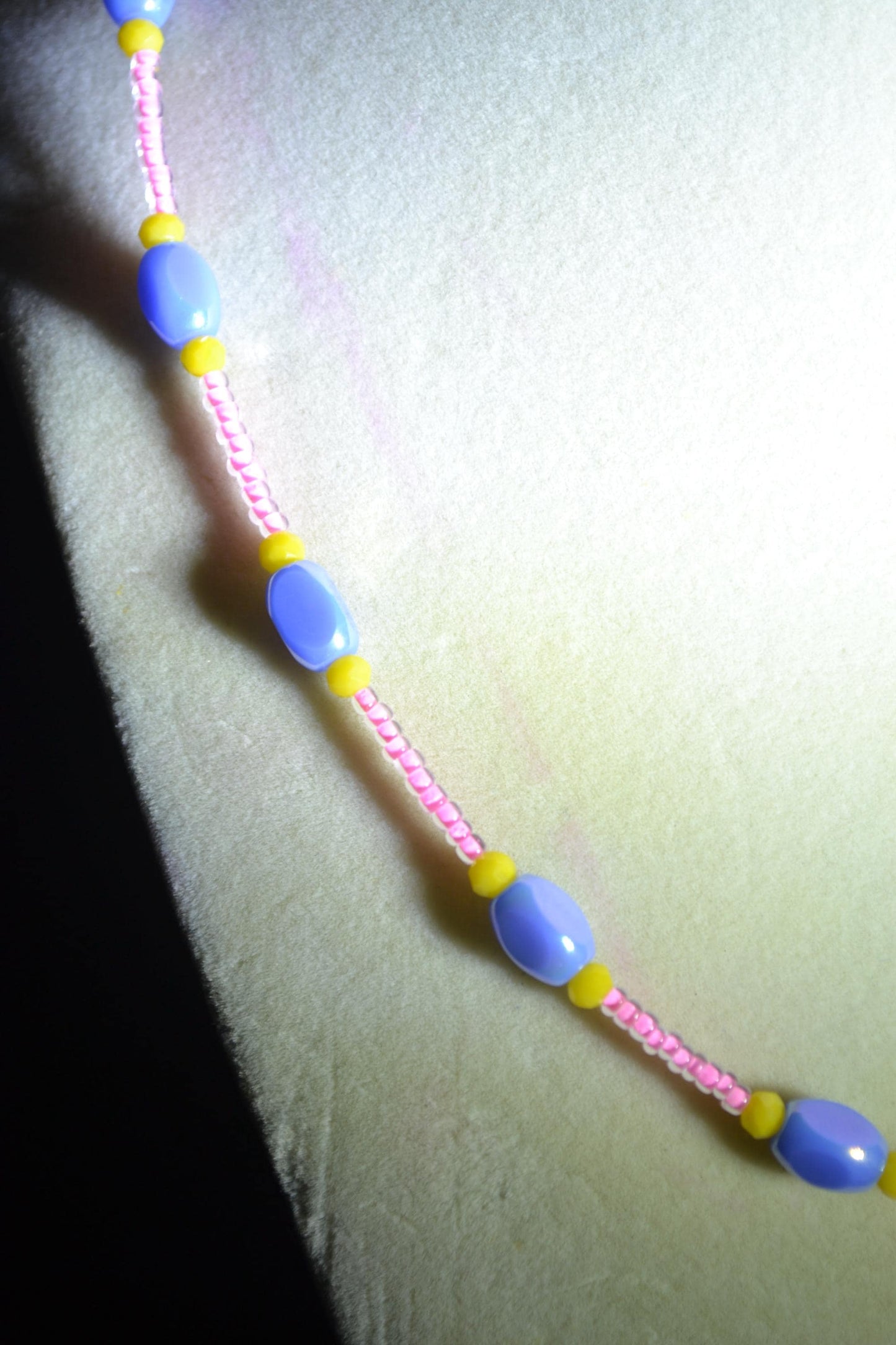 Multicolor glass bead necklace. Periwinkle, yellow, and pink