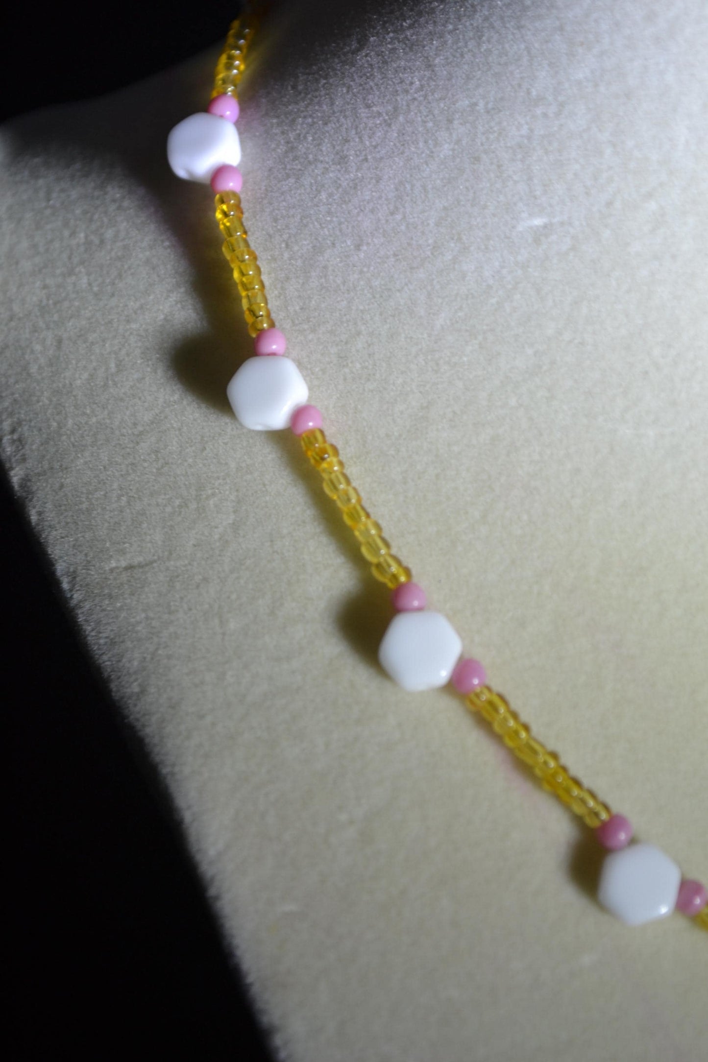 Multicolor glass bead necklace. Pink, golden, and white