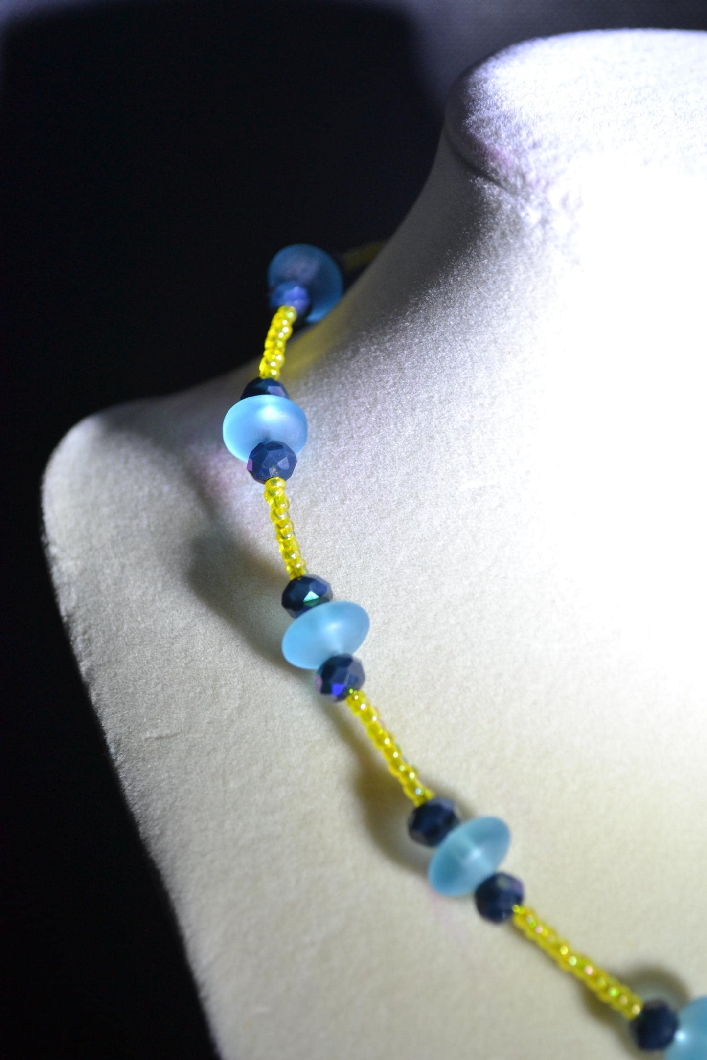 Multicolor glass bead necklace. Aqua, yellow, and black