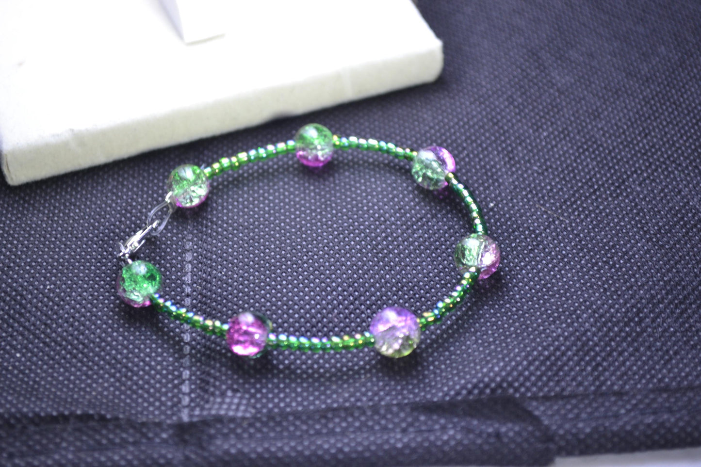 Purple and green crackled beaded necklace & bracelet set