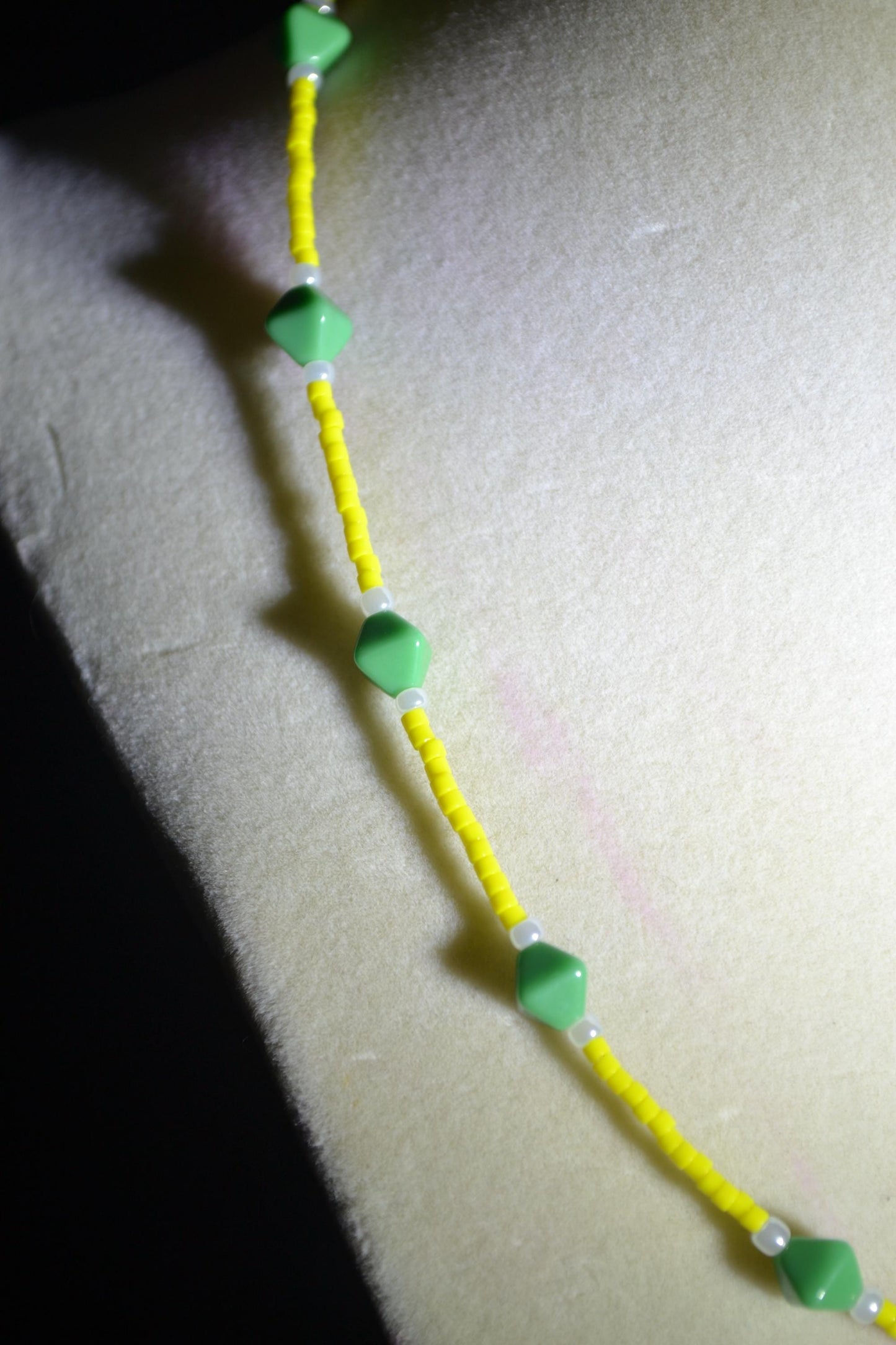 Multicolor glass bead necklace. Green, yellow, and pearl