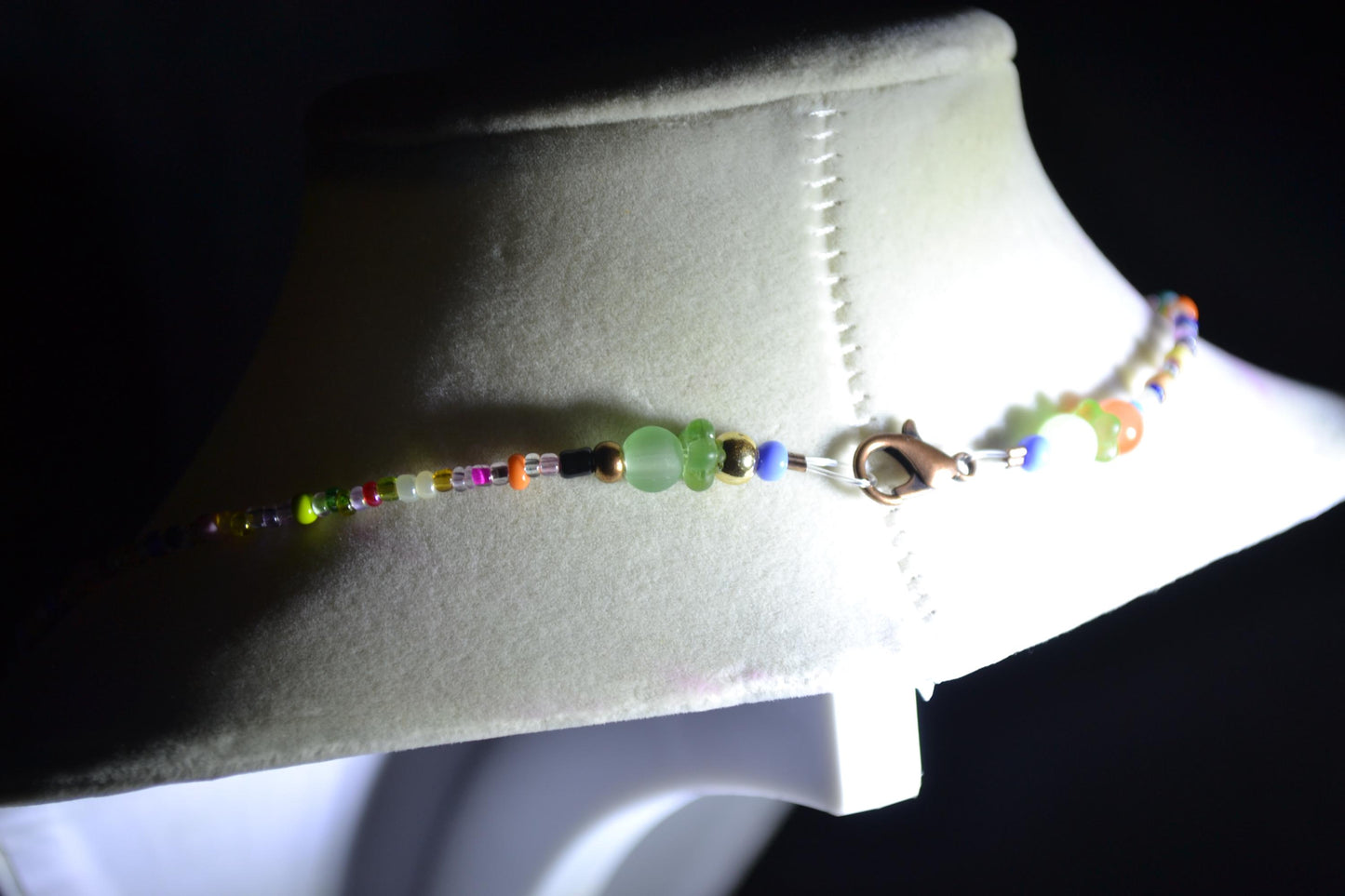 Multicolor glass bead necklace. Black cat pendant