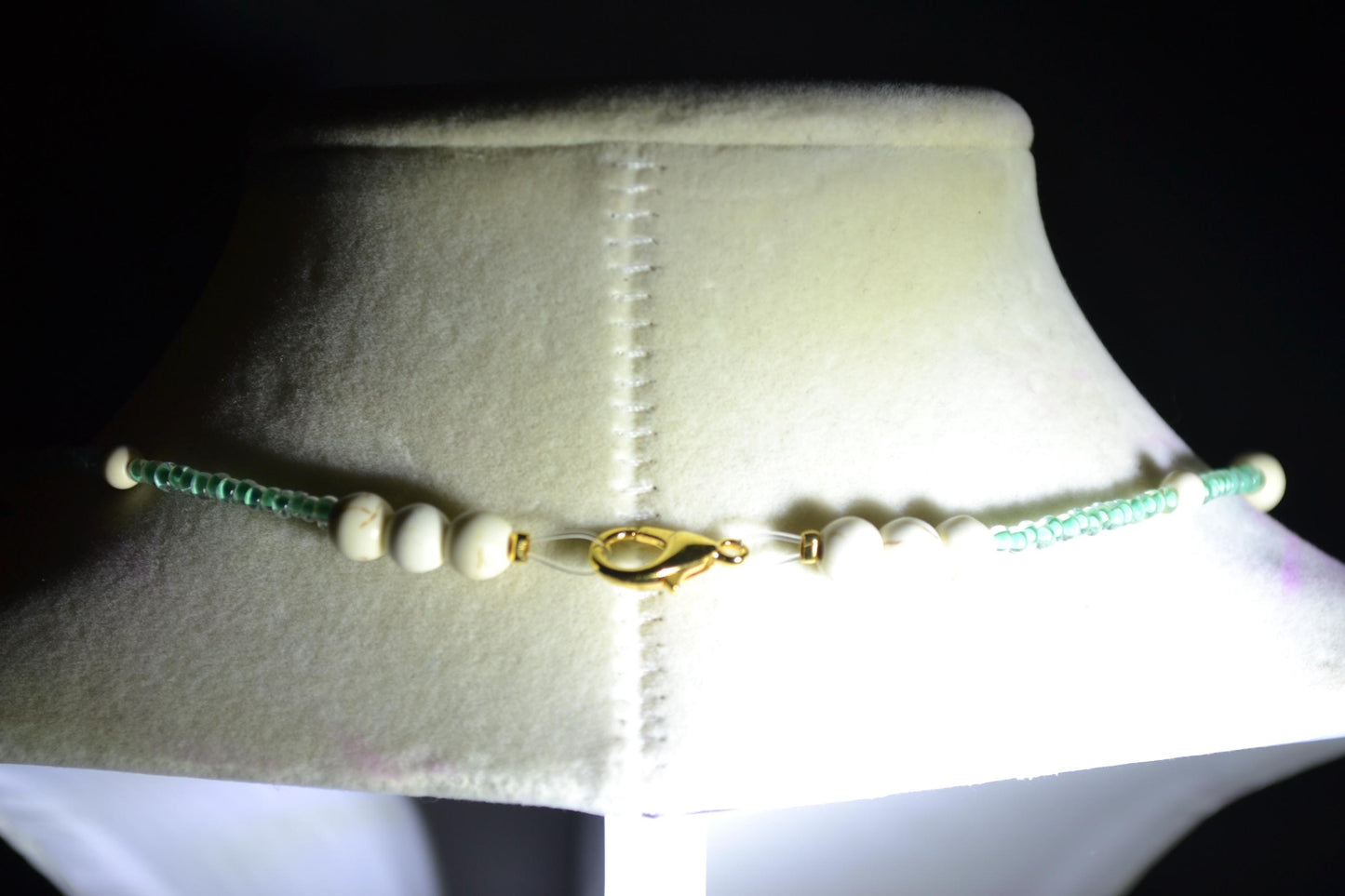 Wire wrapped sharks tooth beaded necklace. Teal and white