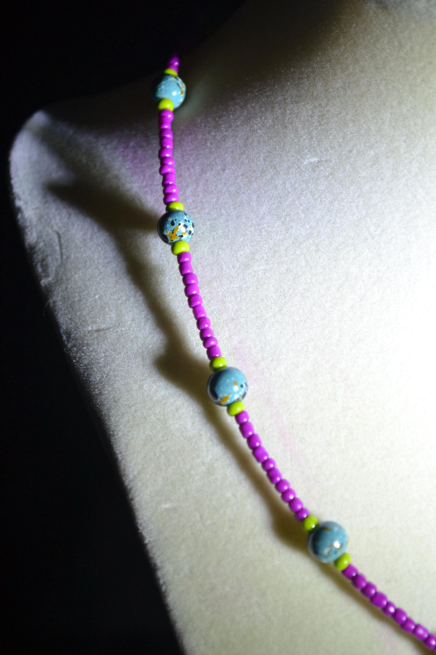 Fuchsia, turquoise, and olive beaded necklace & bracelet set
