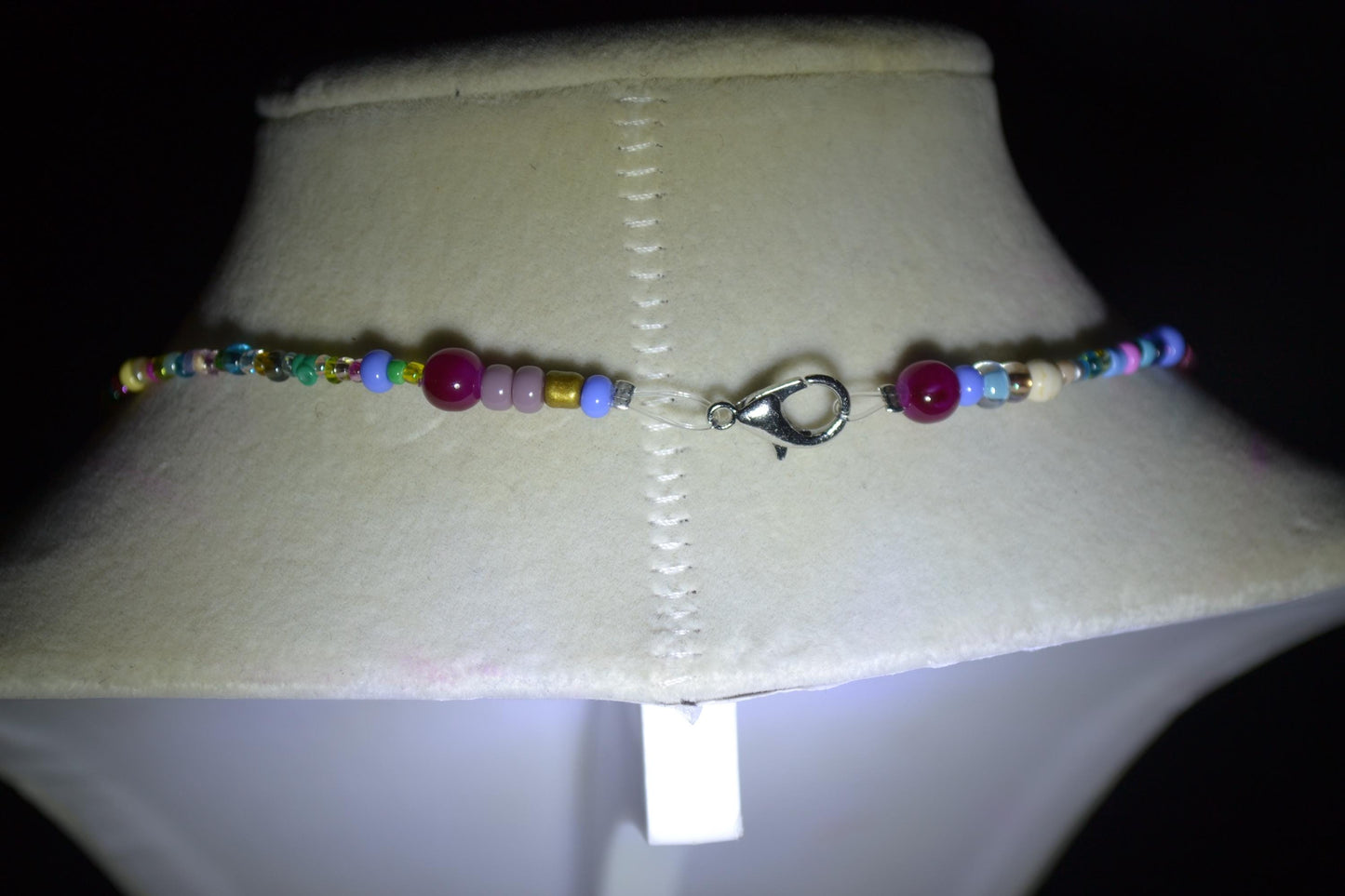 Seashell pendant glass bead necklace. Rainbow