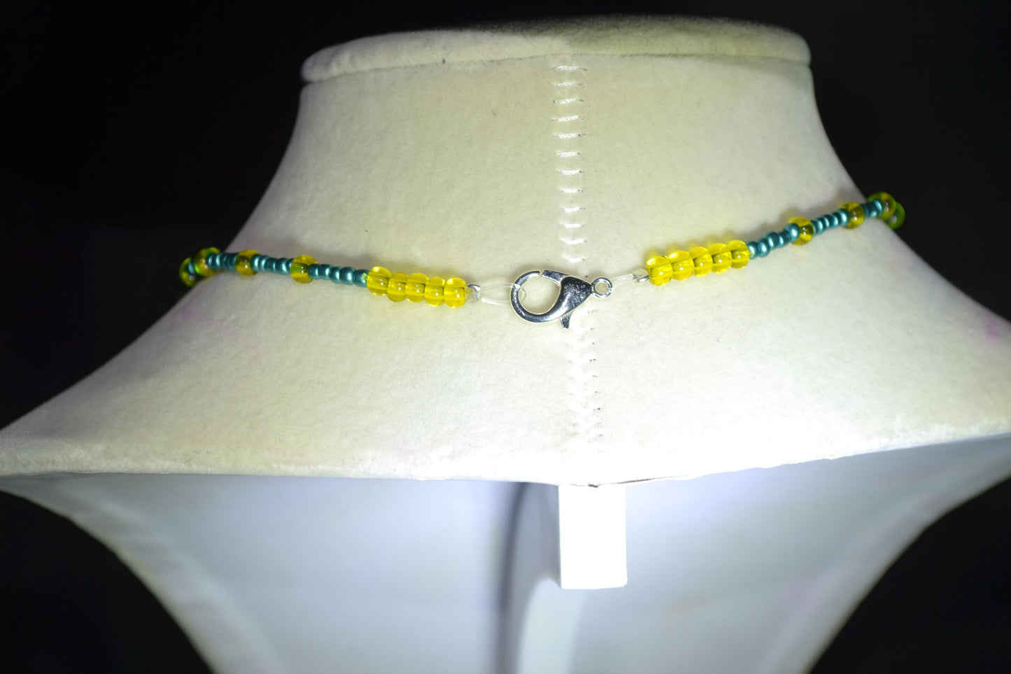Wire wrapped sharks tooth beaded choker. Metallic blue and yellow