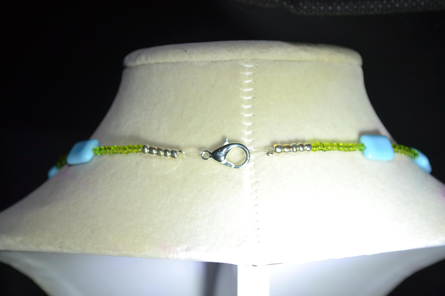 Multicolor glass bead necklace. Sky blue and green