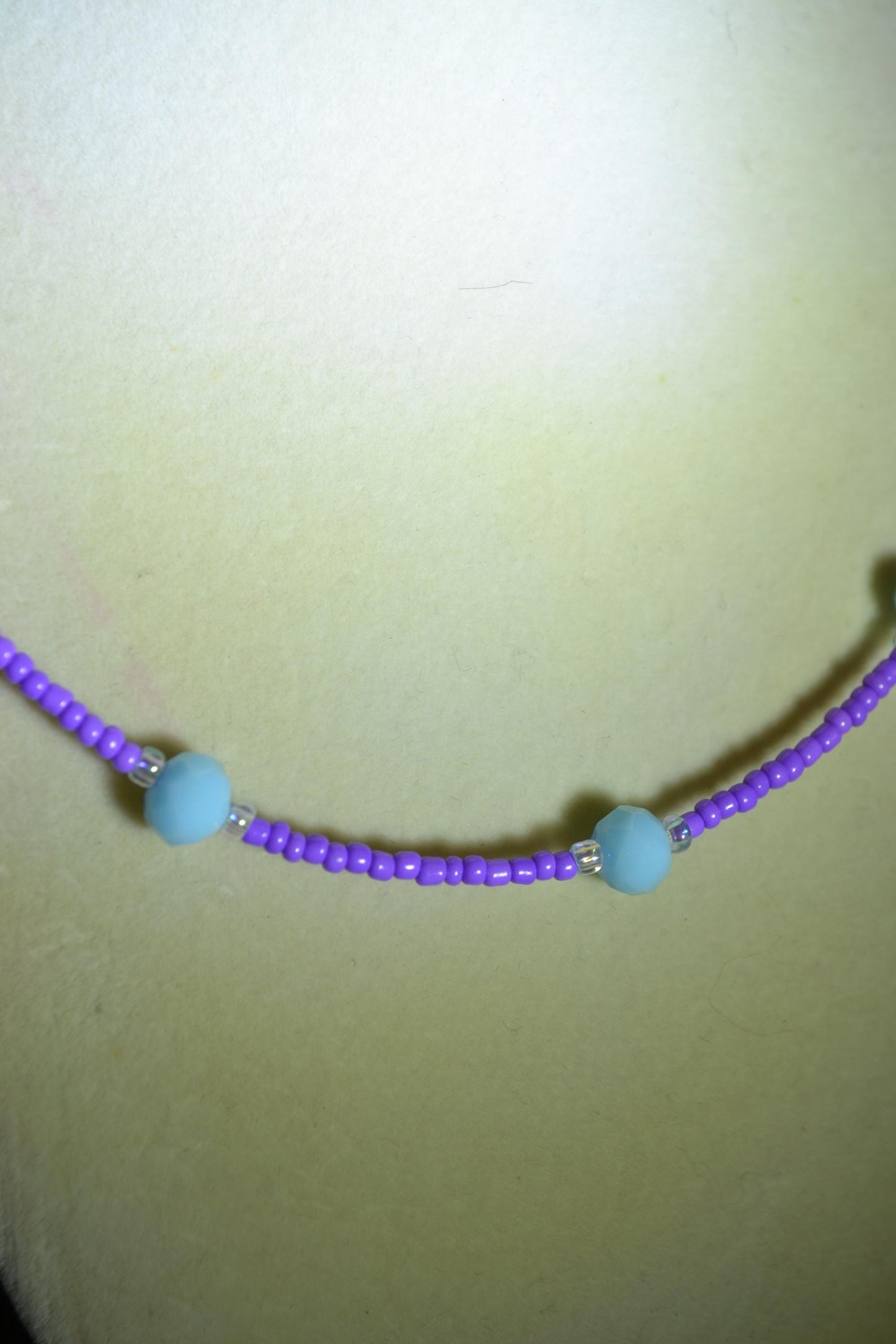Multicolor glass bead necklace. Purple and sky blue