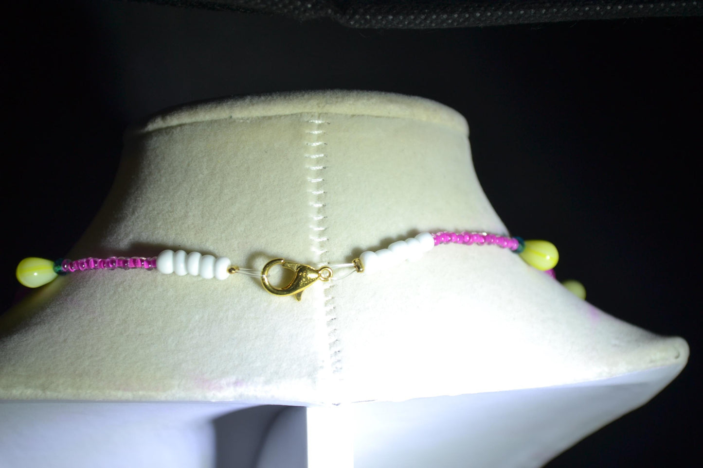 Multicolor glass bead necklace. Fuchsia, yellow, and blue