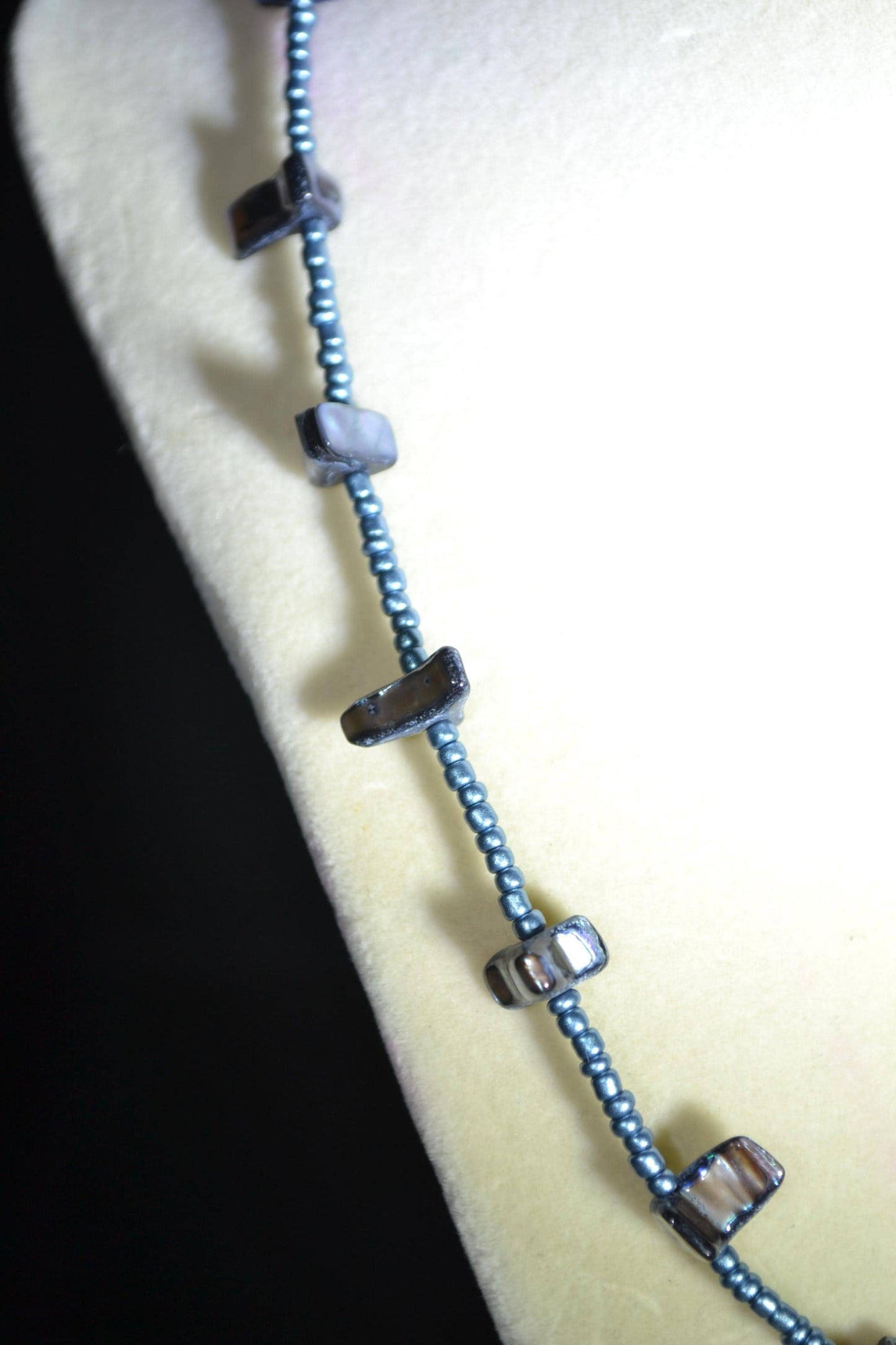Multicolor glass bead necklace. Abalone and metallic blue