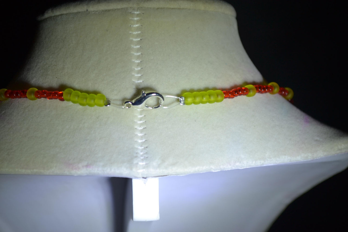 Butterfly pendant glass bead necklace. Red and green