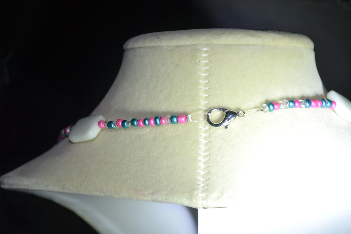 Multicolor glass bead necklace. Pink, blue, and white