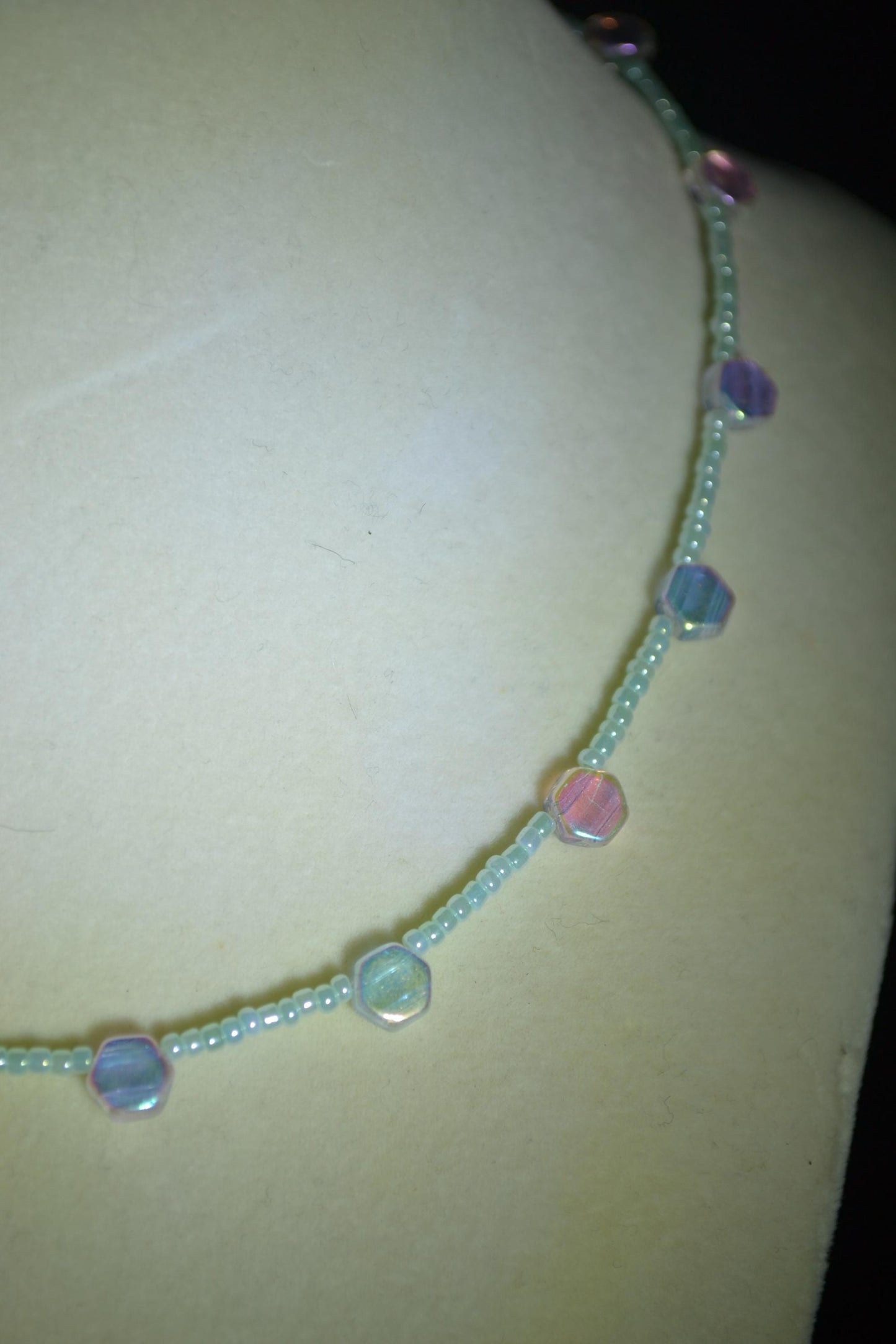 Multicolor glass bead necklace. Iridescent blue