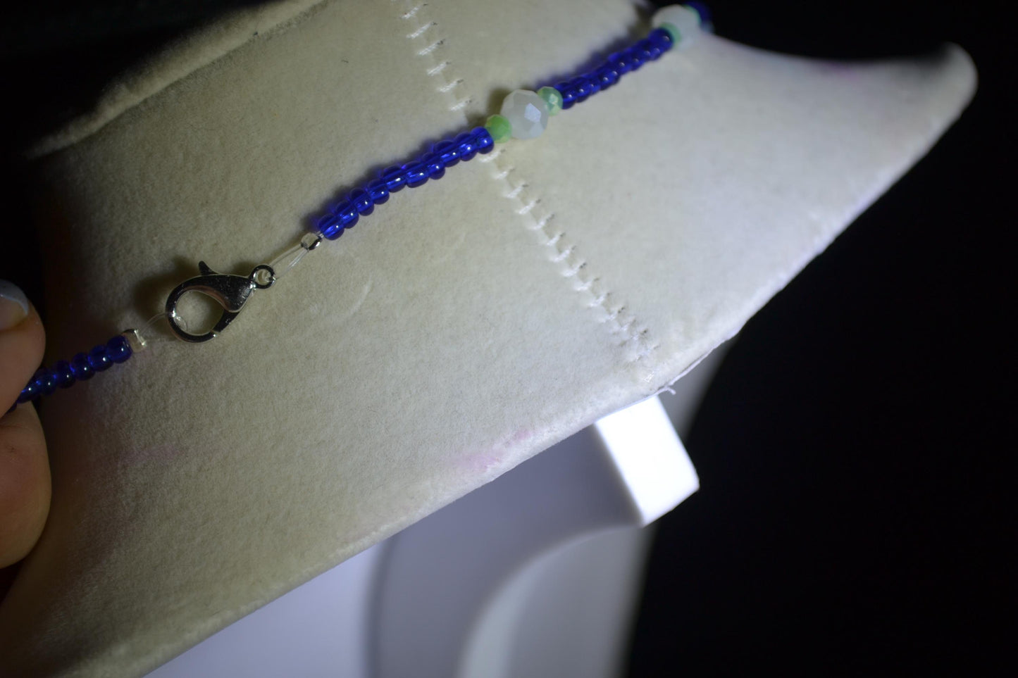 Multicolor glass bead necklace. Cobalt, green, and white