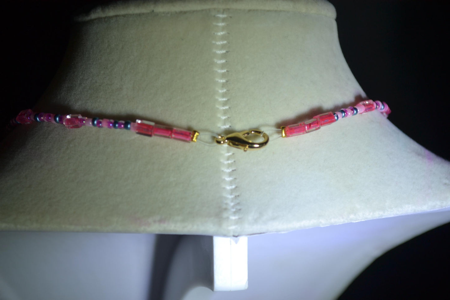 Gold dragonfly pendant glass bead choker. Pink and blue