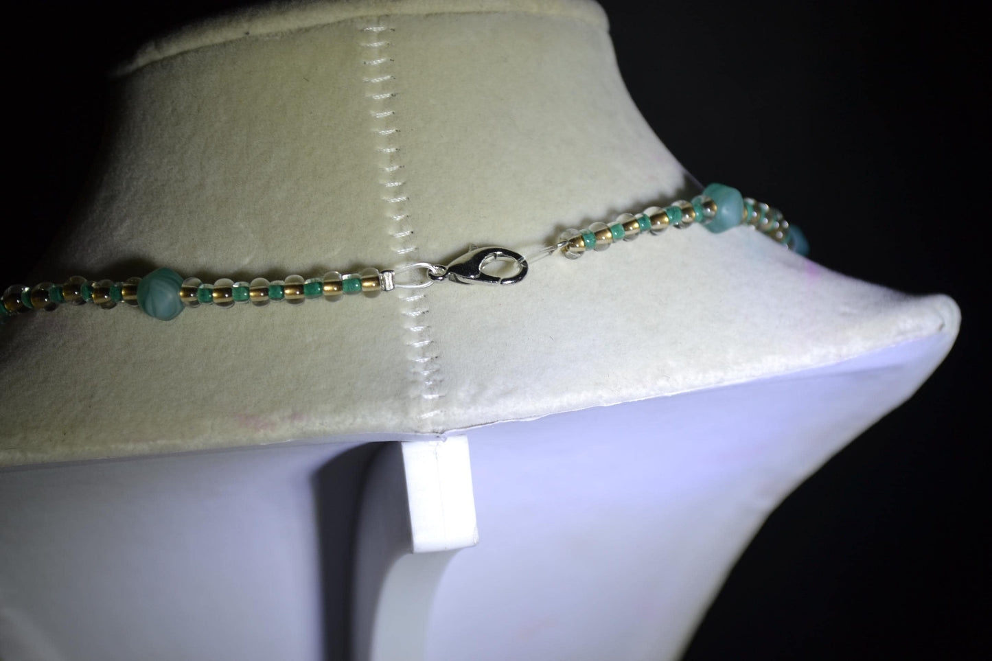 Multicolor glass bead necklace. Blues and sand