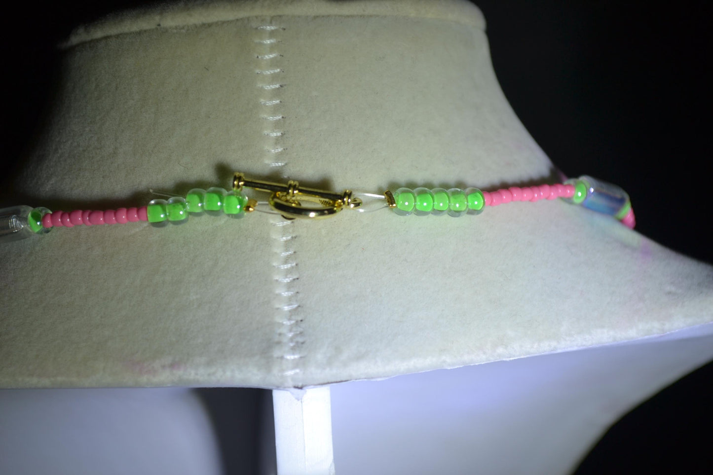Multicolor glass bead necklace. Pink, green, and clear