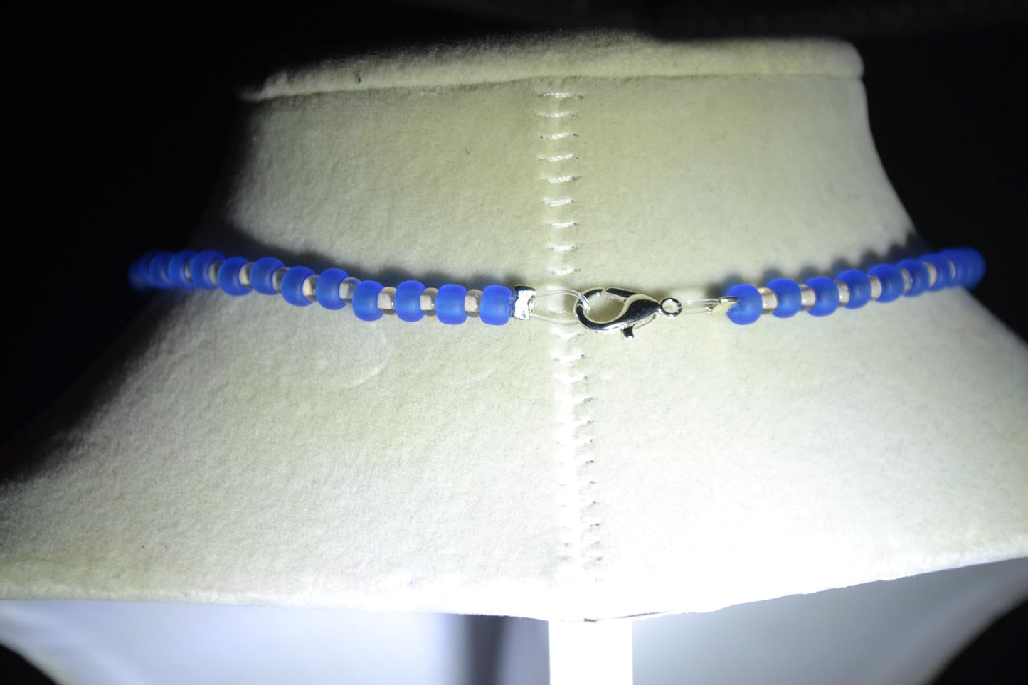 Floral blown glass pendant glass bead choker. Blue and crystal