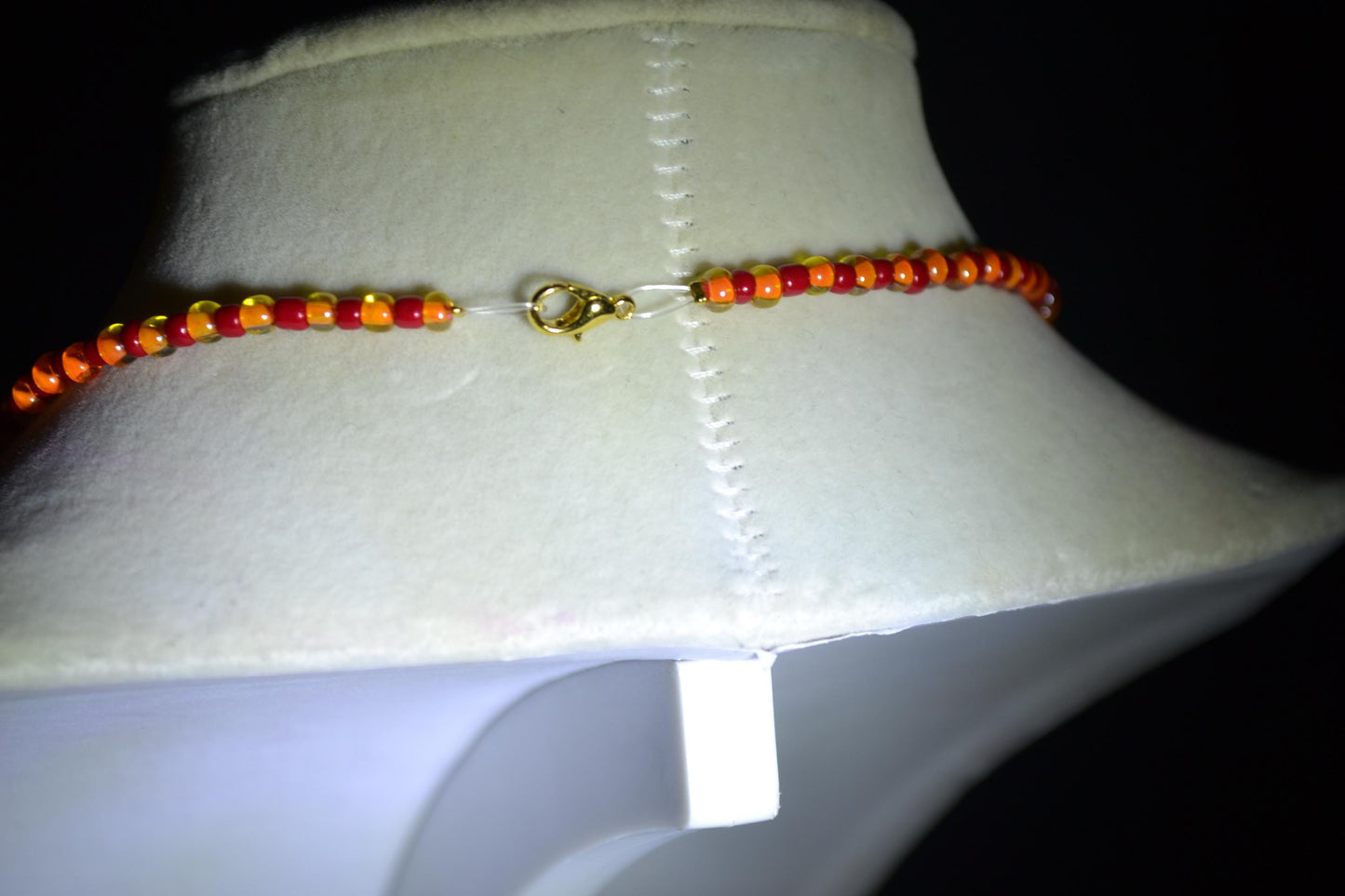 Vintage black cat pendant glass bead choker. Red and orange