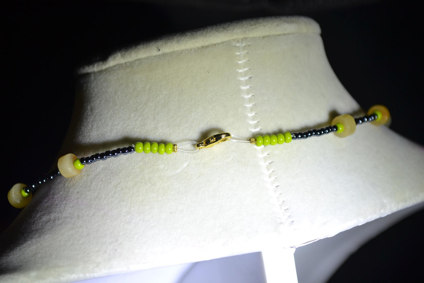Multicolor glass bead necklace. Yellow jade, gunmetal, and olive