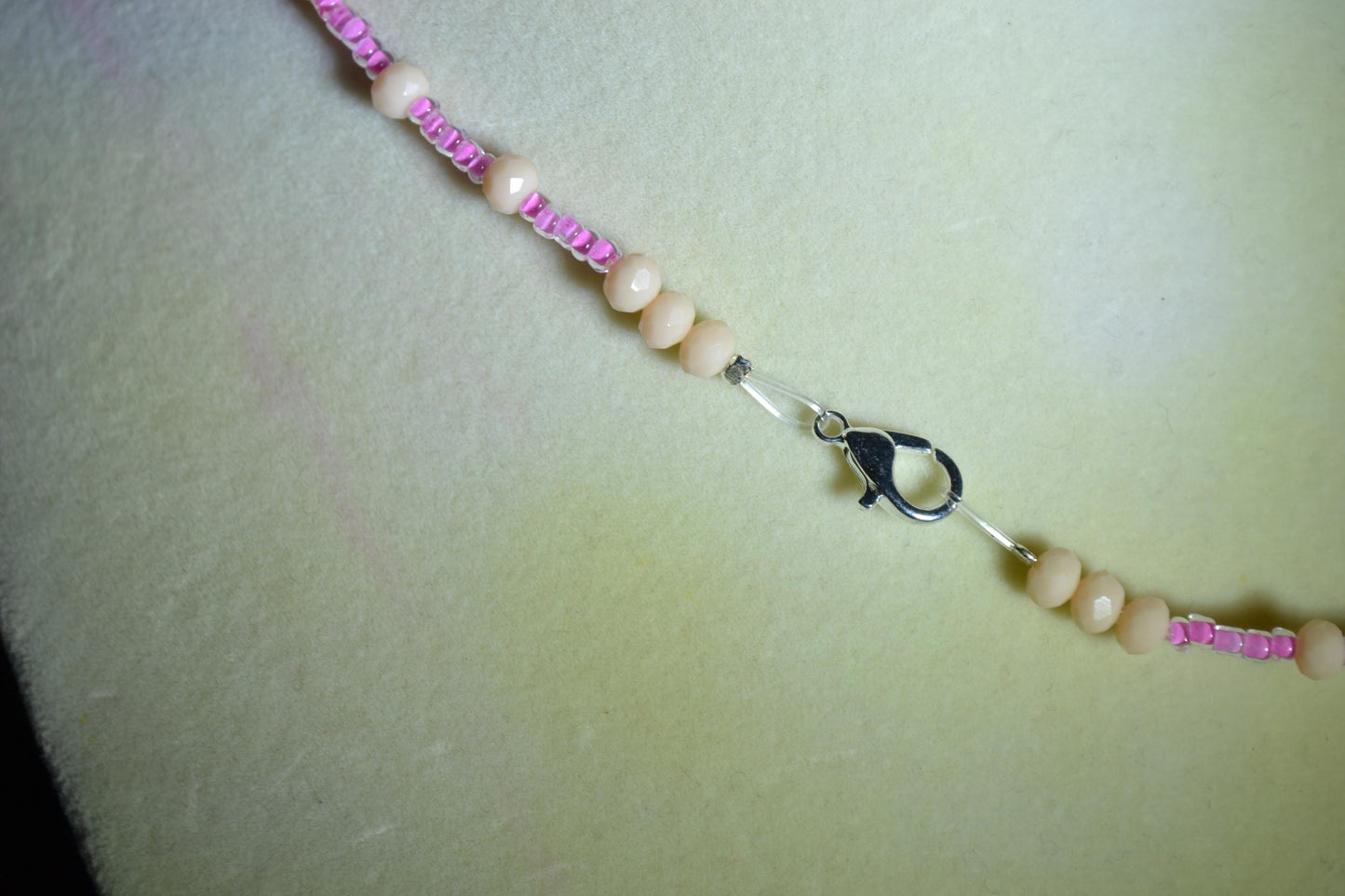 Palm Trees pendant glass bead necklace. Pink and cream
