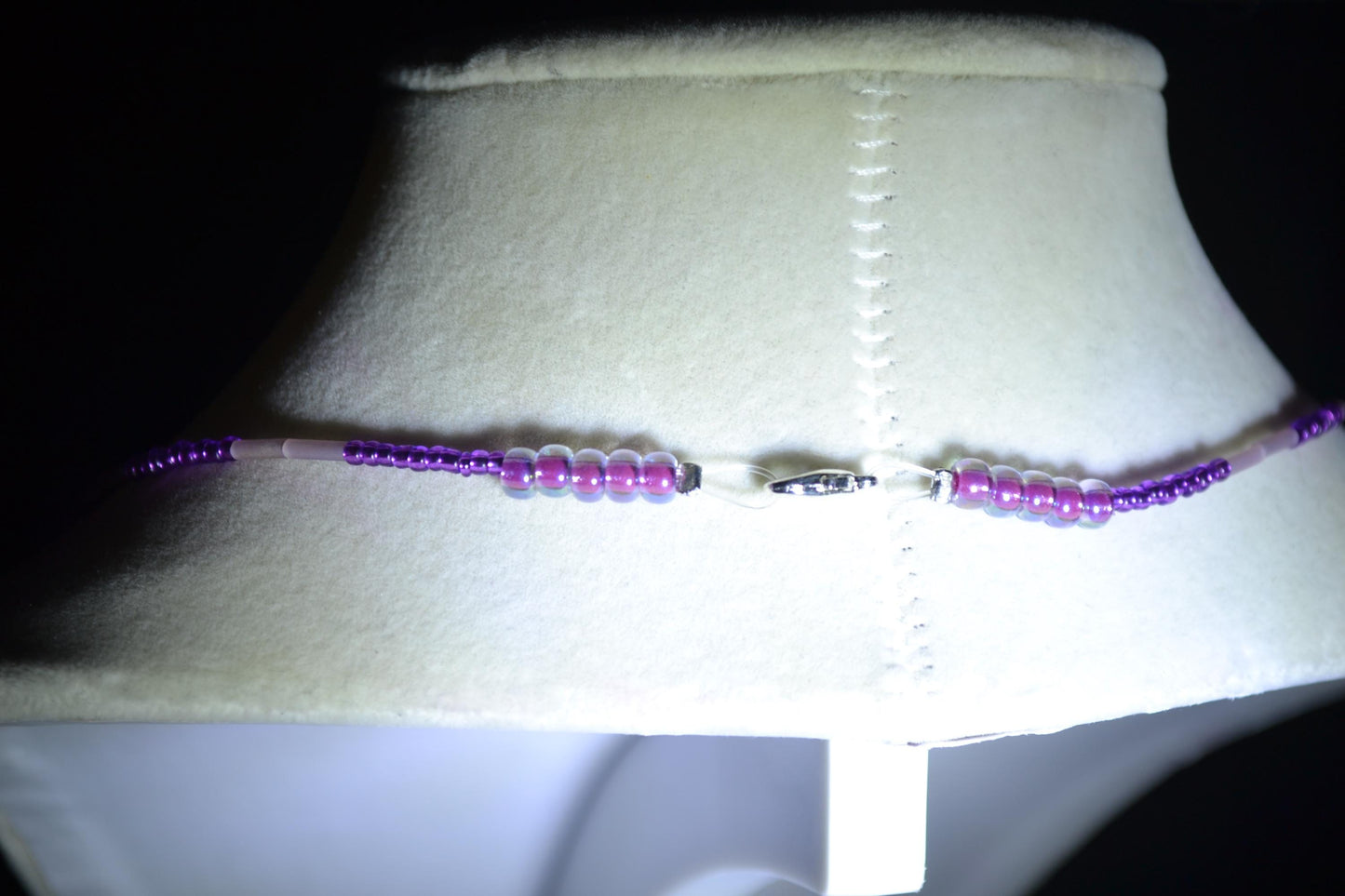 Hammered cactus pendant glass bead necklace. Purples