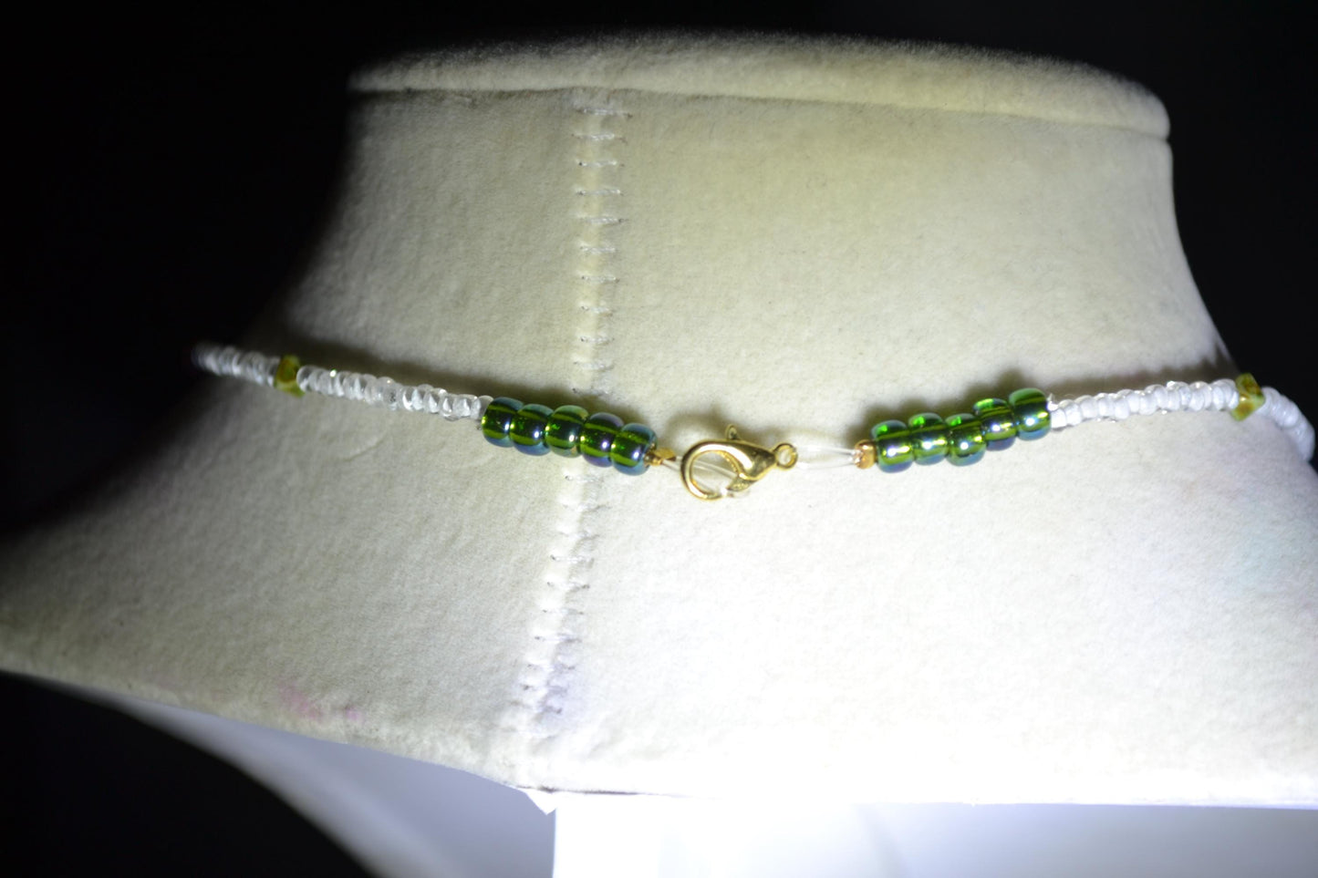 Frog pendant glass bead choker. White, green, and purple