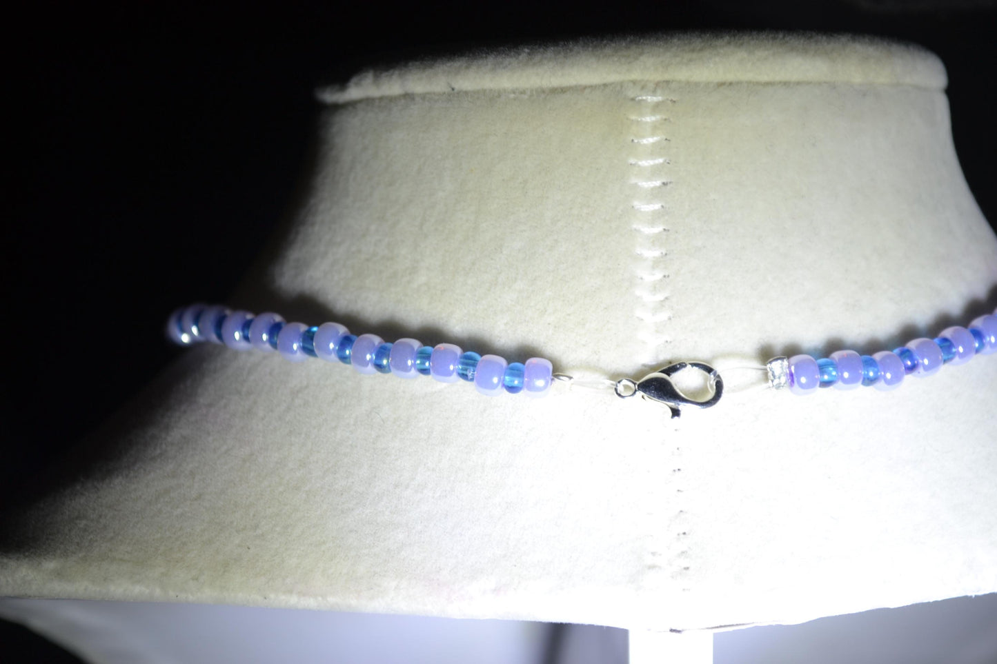 Palm Trees pendant glass bead necklace. Blue and lusty lavender