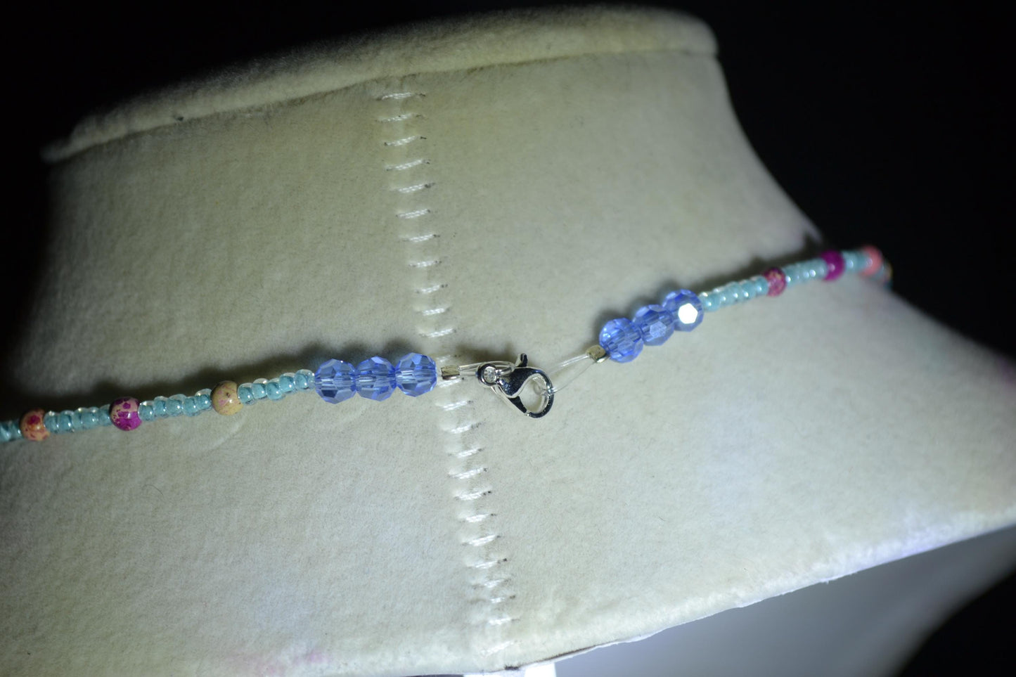 Palm Trees pendant glass bead necklace. Blue and purple