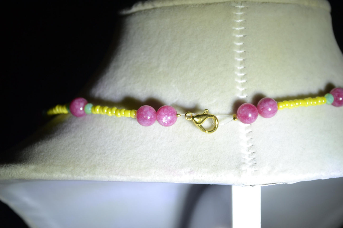 Multicolor glass bead necklace. Raspberry, yellow, and jade