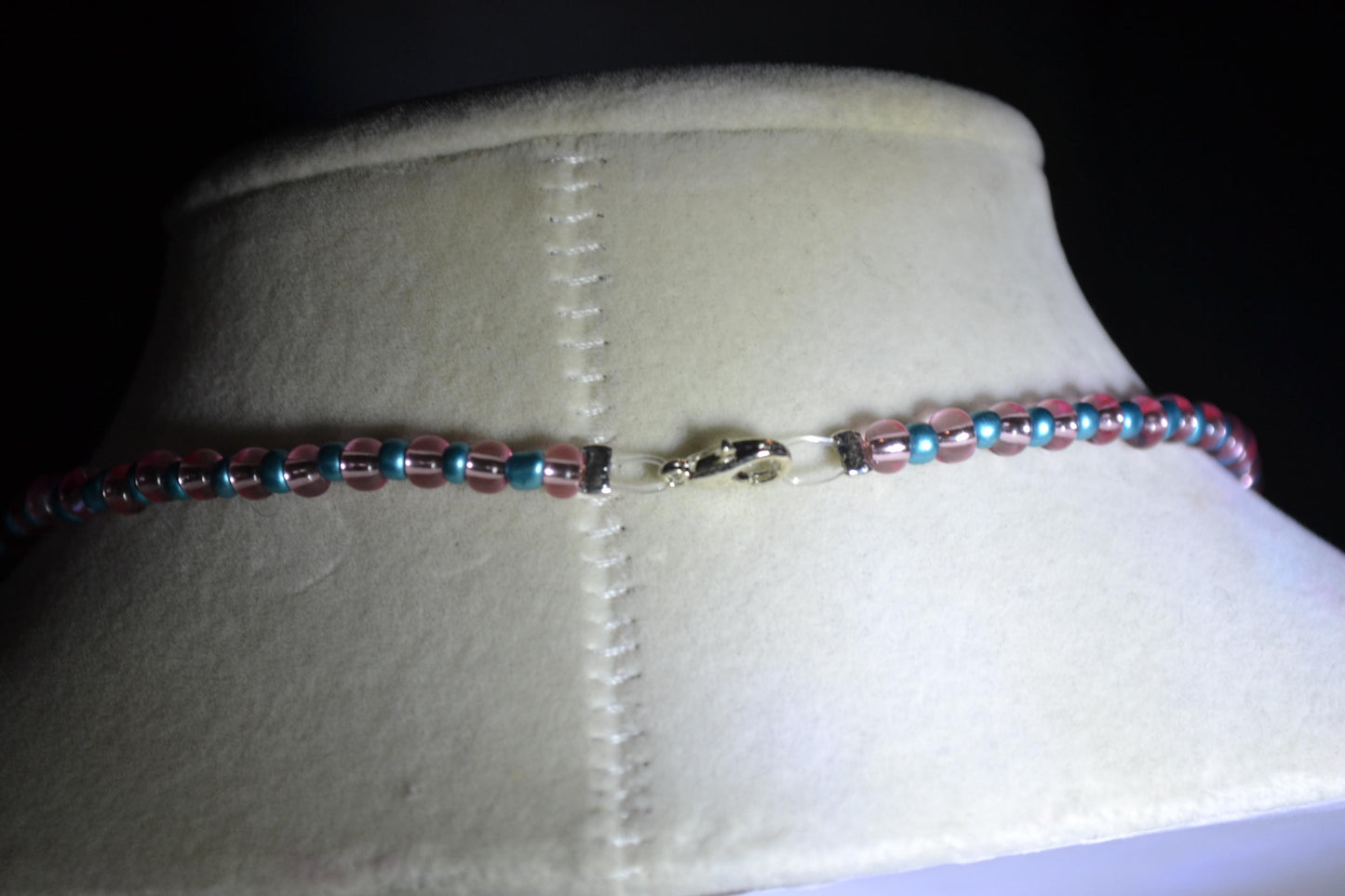 Palm Tree and Flamingo pendant glass bead necklace. Metallic blue and pink