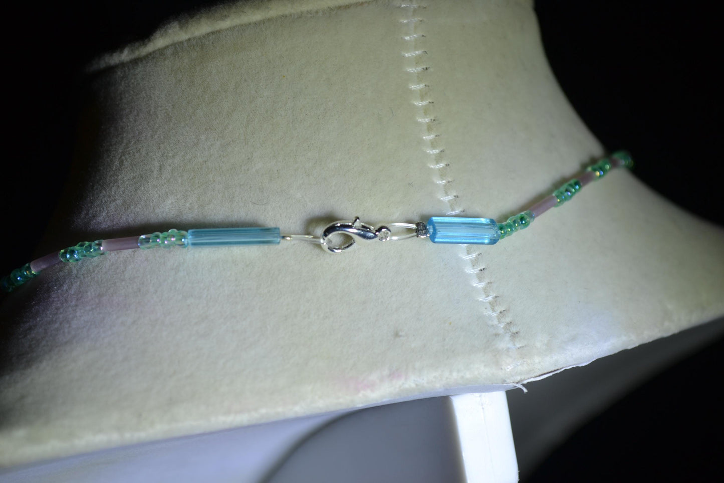 Seahorse pendant glass bead necklace. Blue and amethyst