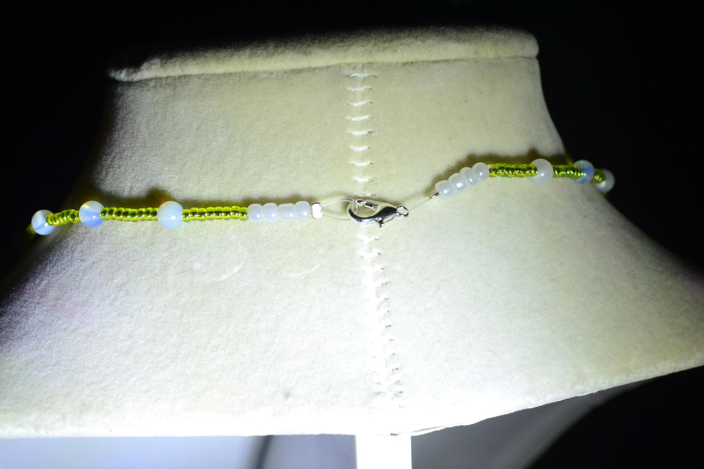 Frog pendant glass bead necklace. Green and moonstone