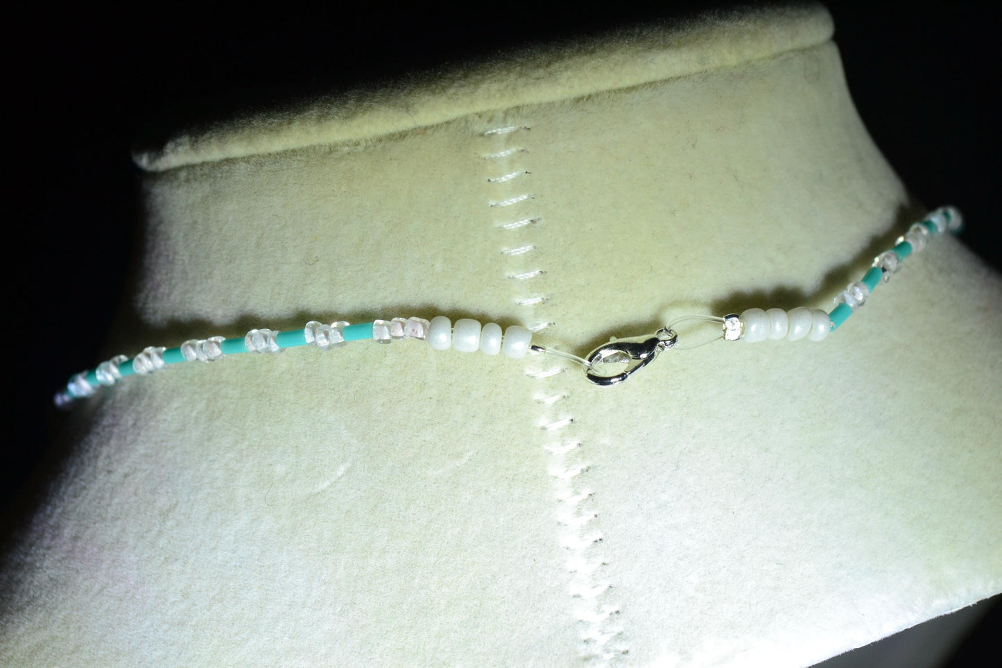 Manatee pendant glass bead necklace. Blue and white