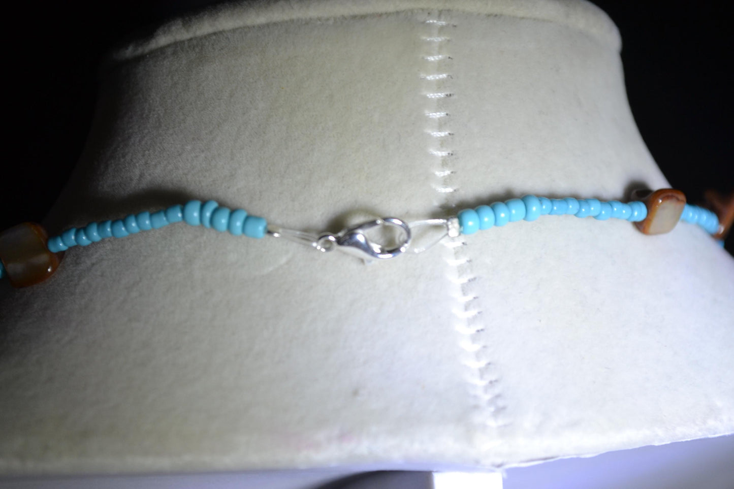 Multicolor glass bead necklace. Aqua and brown abalone