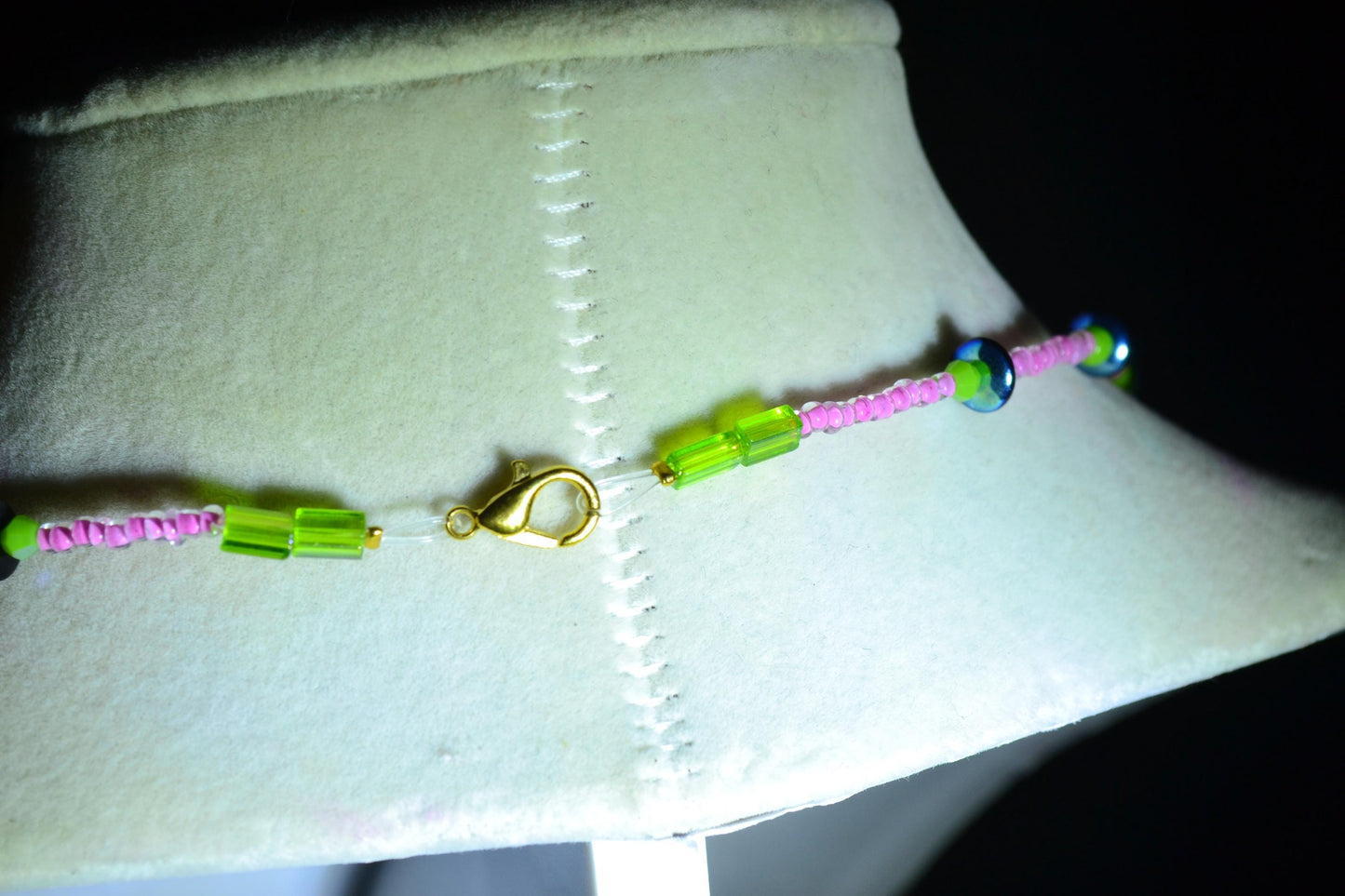Multicolor glass bead necklace. Bubblegum, lime, and metallic black