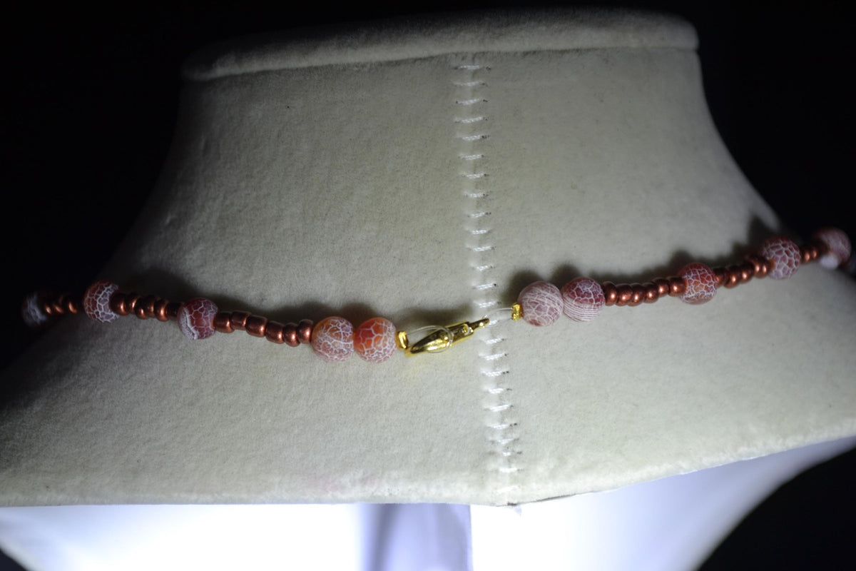 Multicolor glass bead necklace. Copper and crackled red
