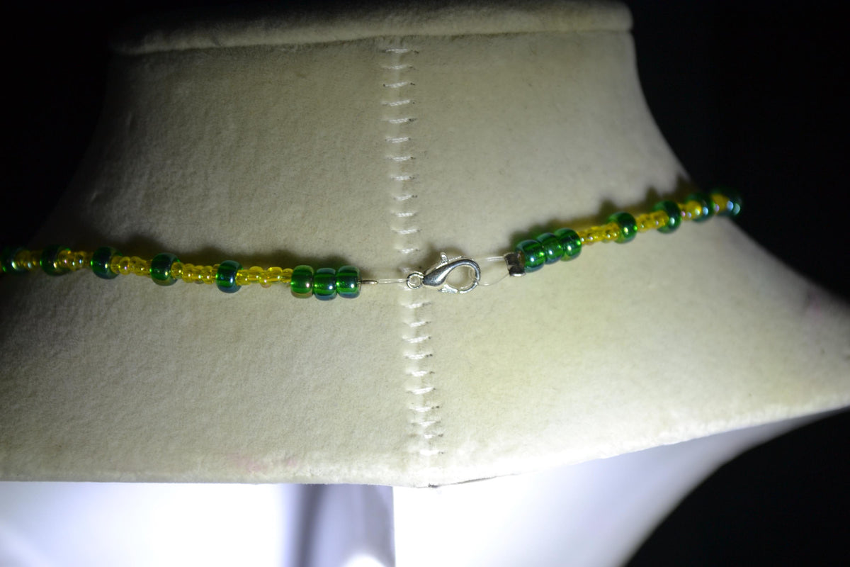 Silver Frog pendant glass bead necklace. Yellow and green