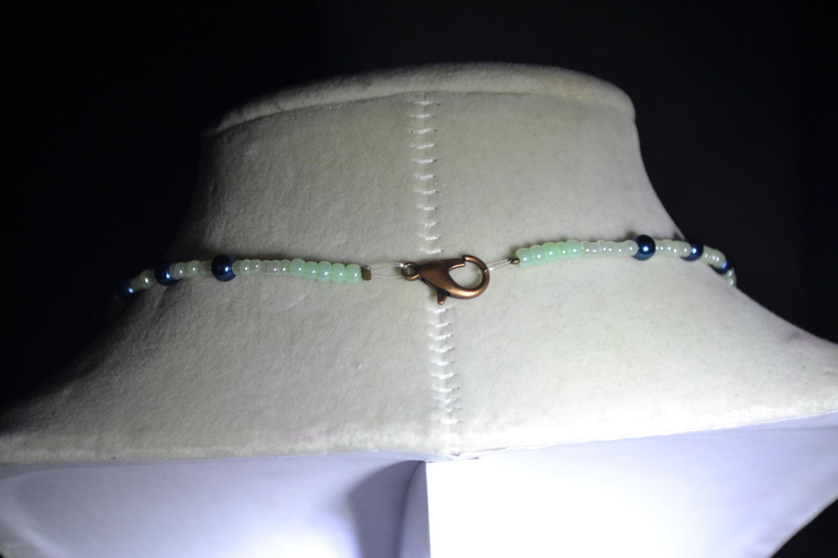 Bronze& Blue Crab pendant glass bead necklace. Pearl green and navy