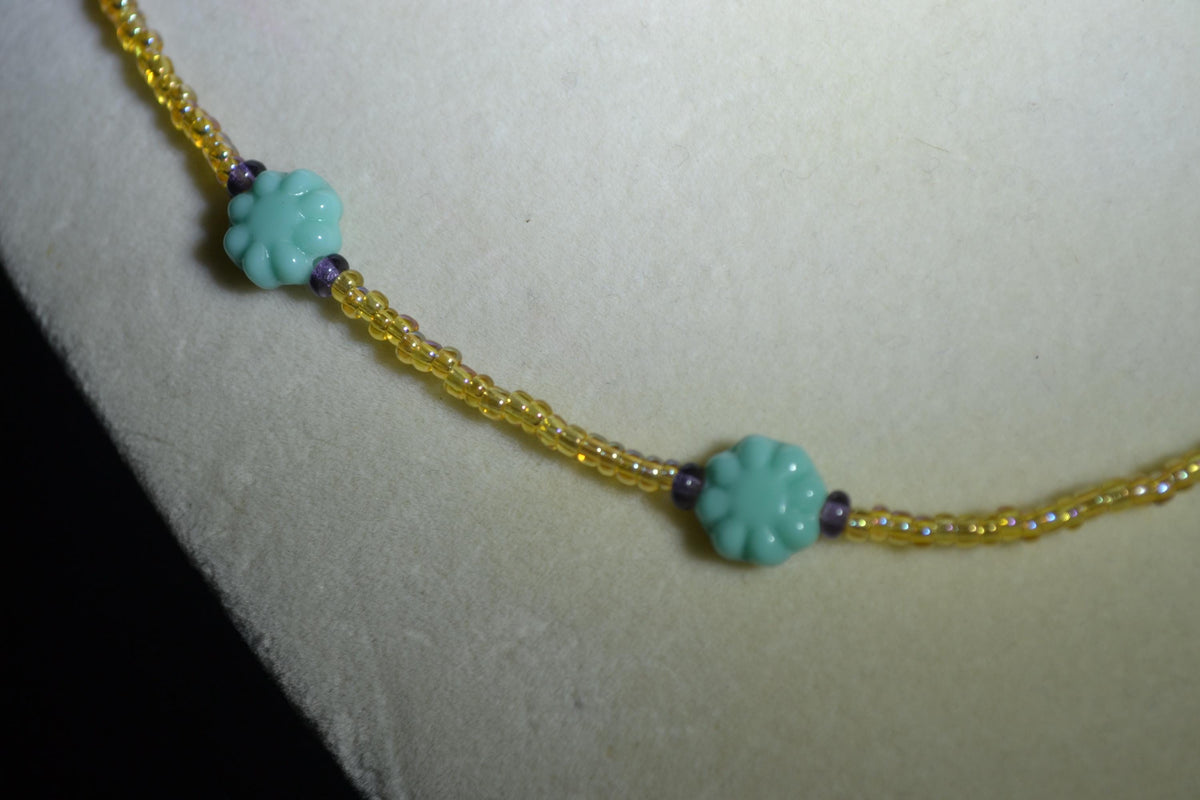 Multicolor glass bead necklace. Cactus flowers, amber, and amethyst
