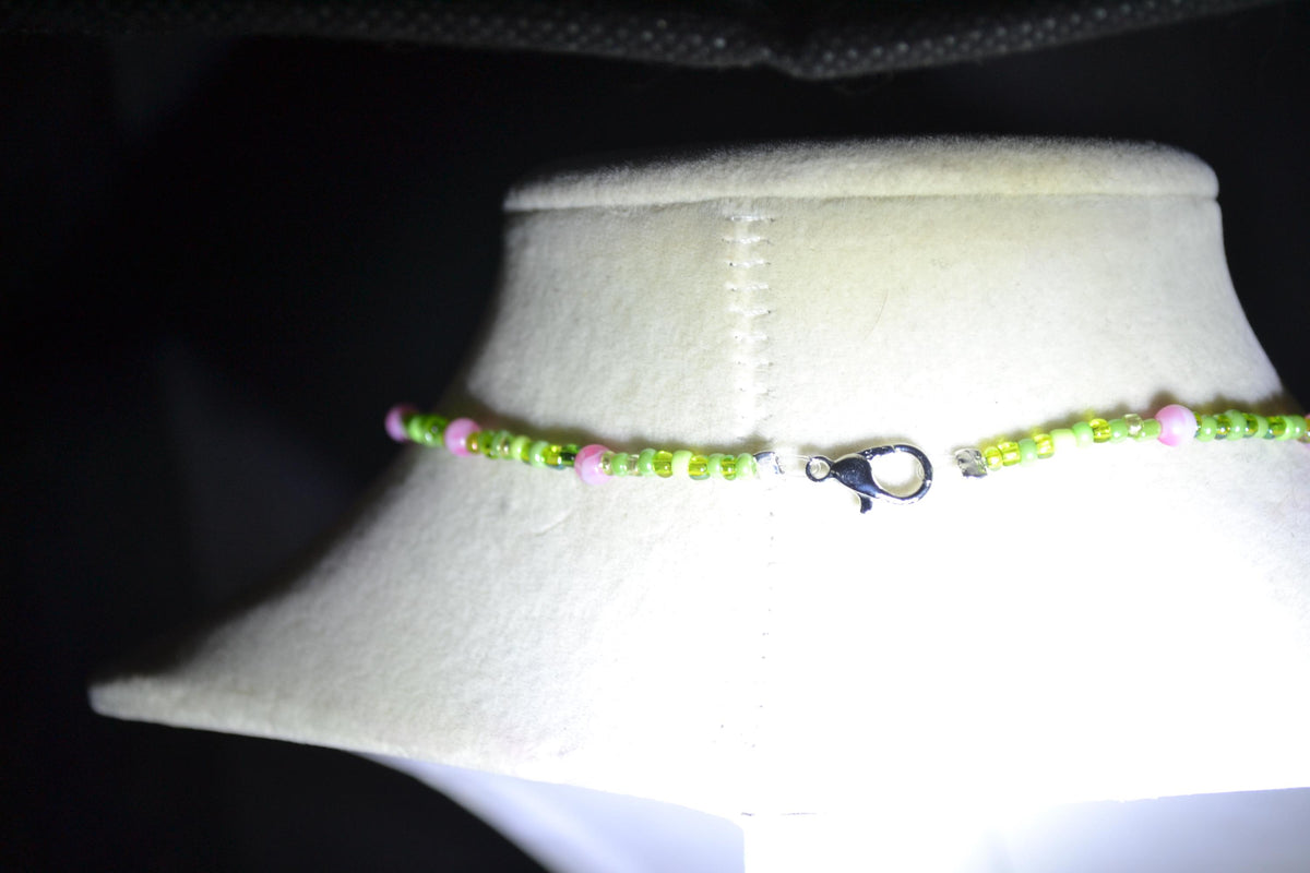 Silver Palms pendant glass bead necklace. Marbled Pink and greens