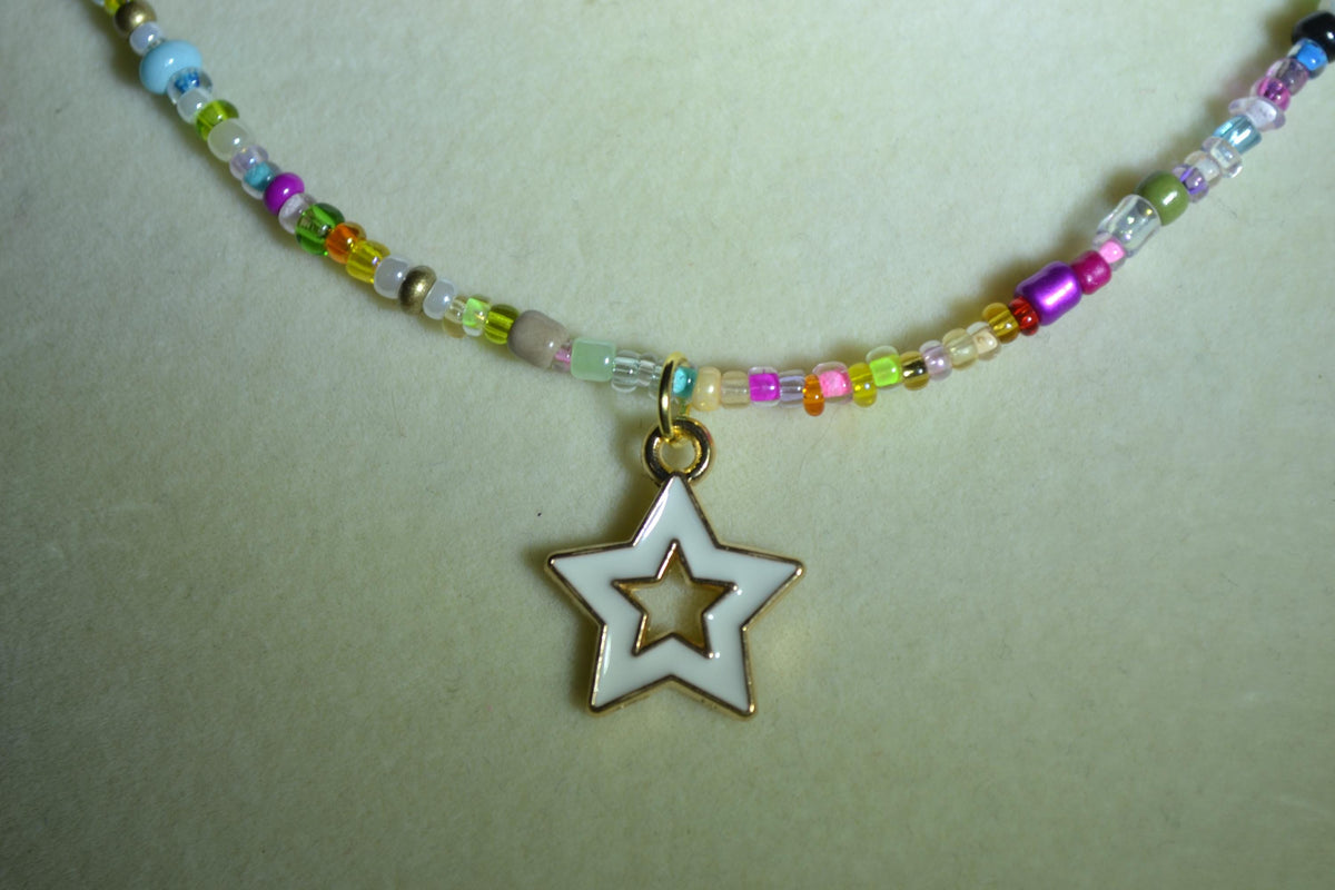 White star pendant glass bead necklace. Rainbow