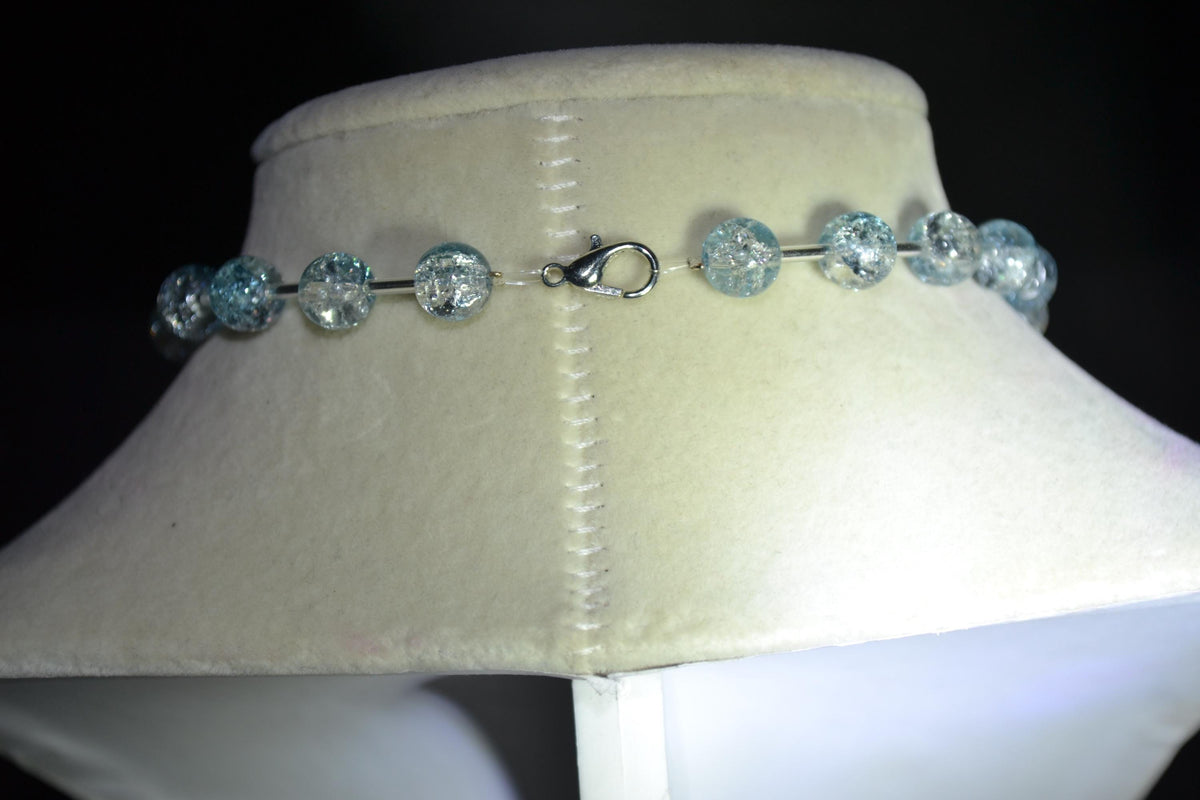 Silver anglerfish pendant glass bead choker. Crackled blue and silver